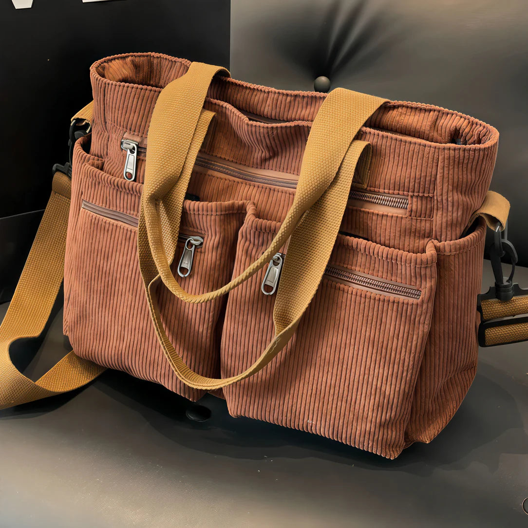 Sac bandoulière velours côtelé avec plusieurs poches et straps en matière douce