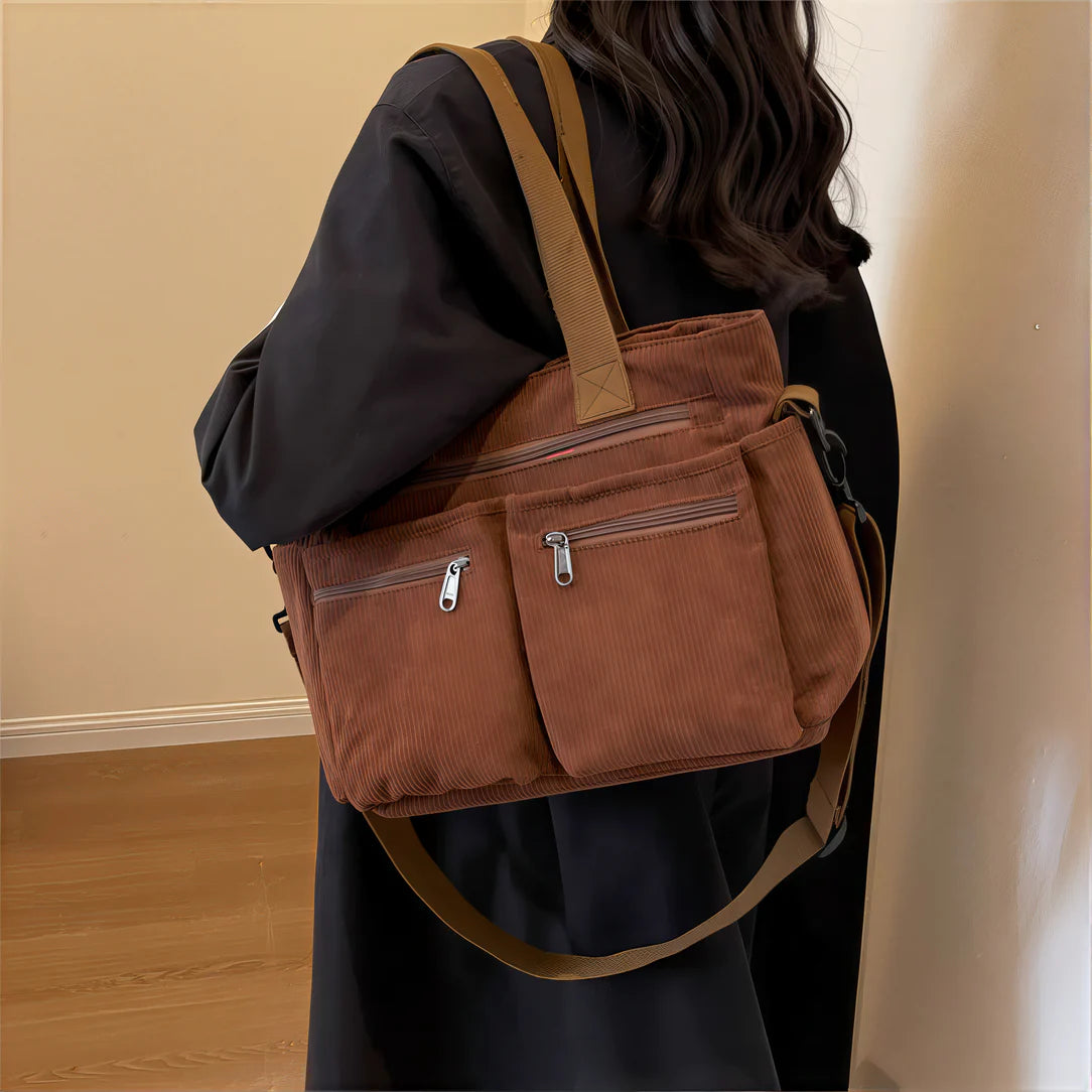 Sac bandoulière velours côtelé en matière douce, Brown corduroy tote bag pour femme