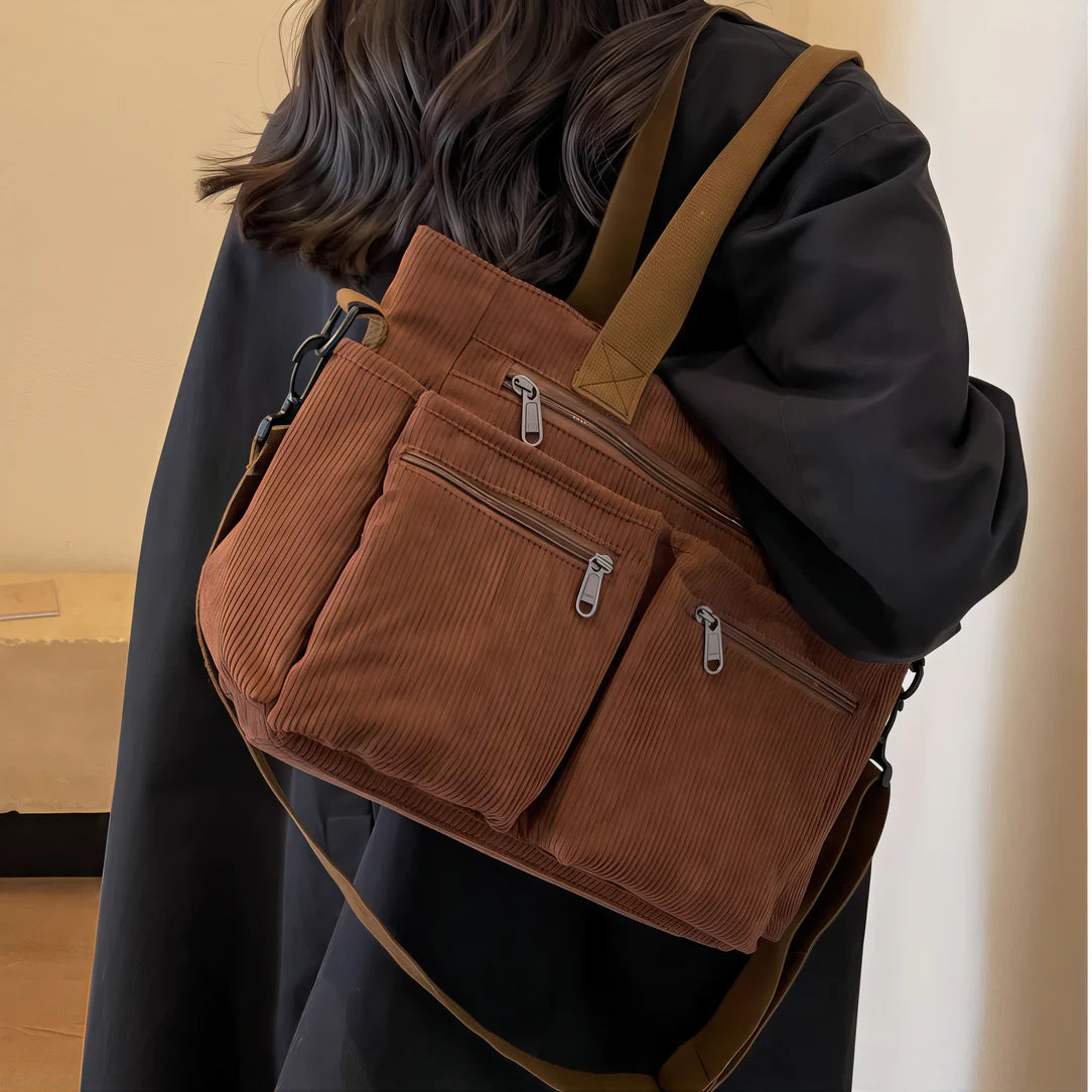 Sac bandoulière velours côtelé en matière douce avec multiples poches pour un style pratique