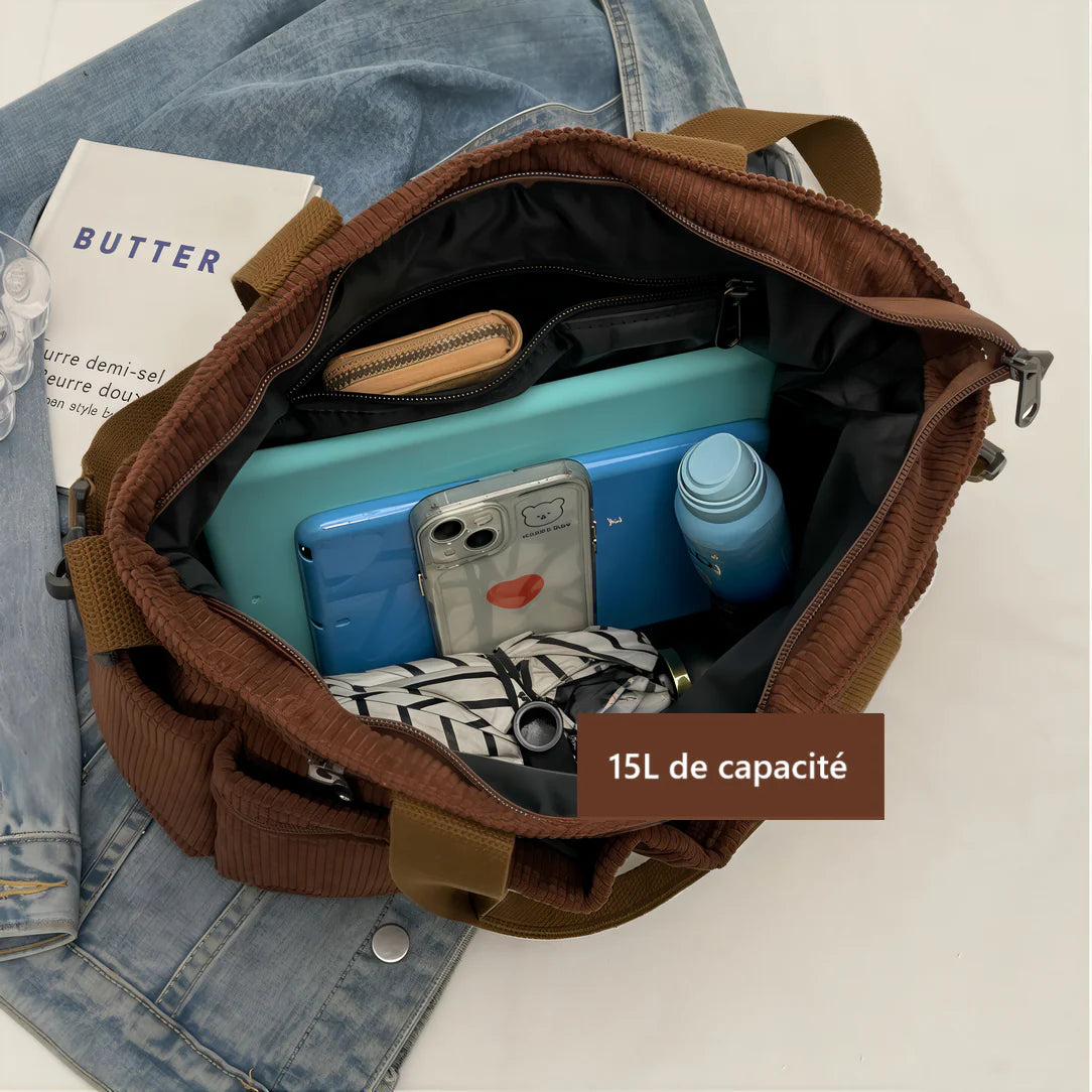 Sac bandoulière velours côtelé en matière douce, fourre-tout marron ouvert