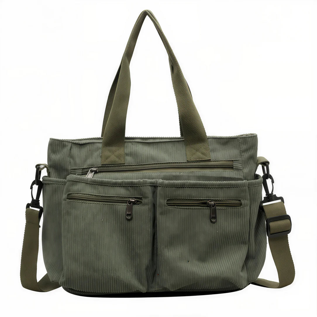 Sac bandoulière velours côtelé en matière douce avec plusieurs poches, Olive green