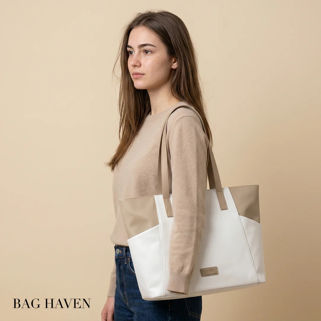Sac cabas femme beige et blanc à deux tons avec poignées en cuir sac cabas femme ordinateur cassara
