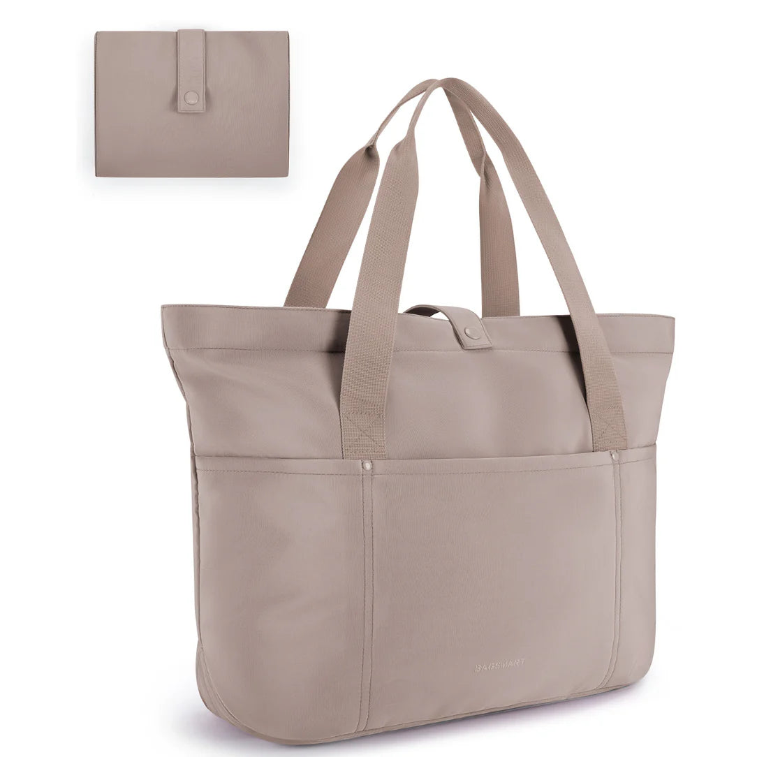Sac cabas tissu grand format en taupe avec pochette assortie pour un style pratique