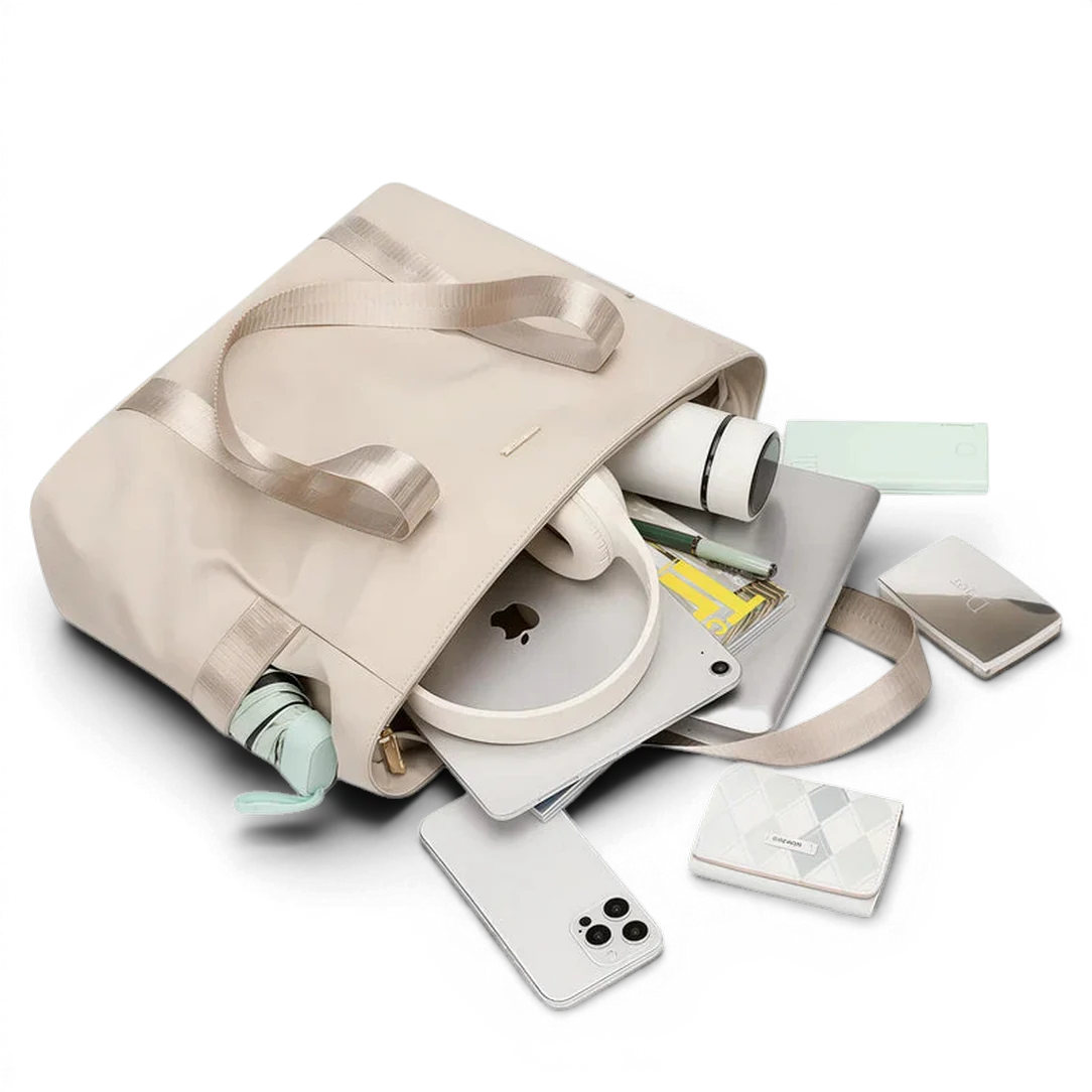 Sac de cour étudiante myriade en toile beige avec poignées en ruban satin et intérieur spacieux pour effets personnels