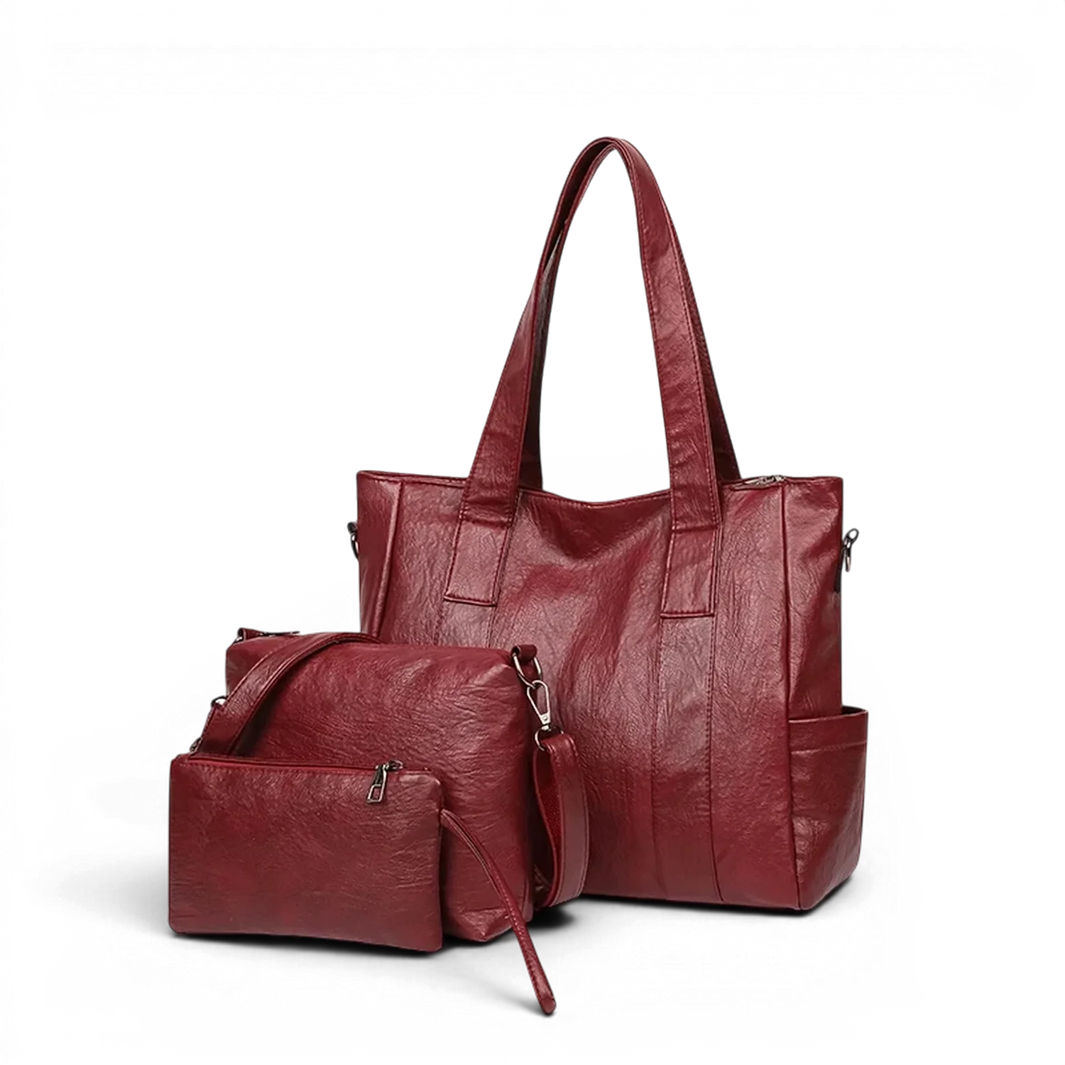 Sac de cours à bandoulière chic 3 ensembles wanderval en simili cuir bordeaux riche avec grand tote, sac crossbody et pochette