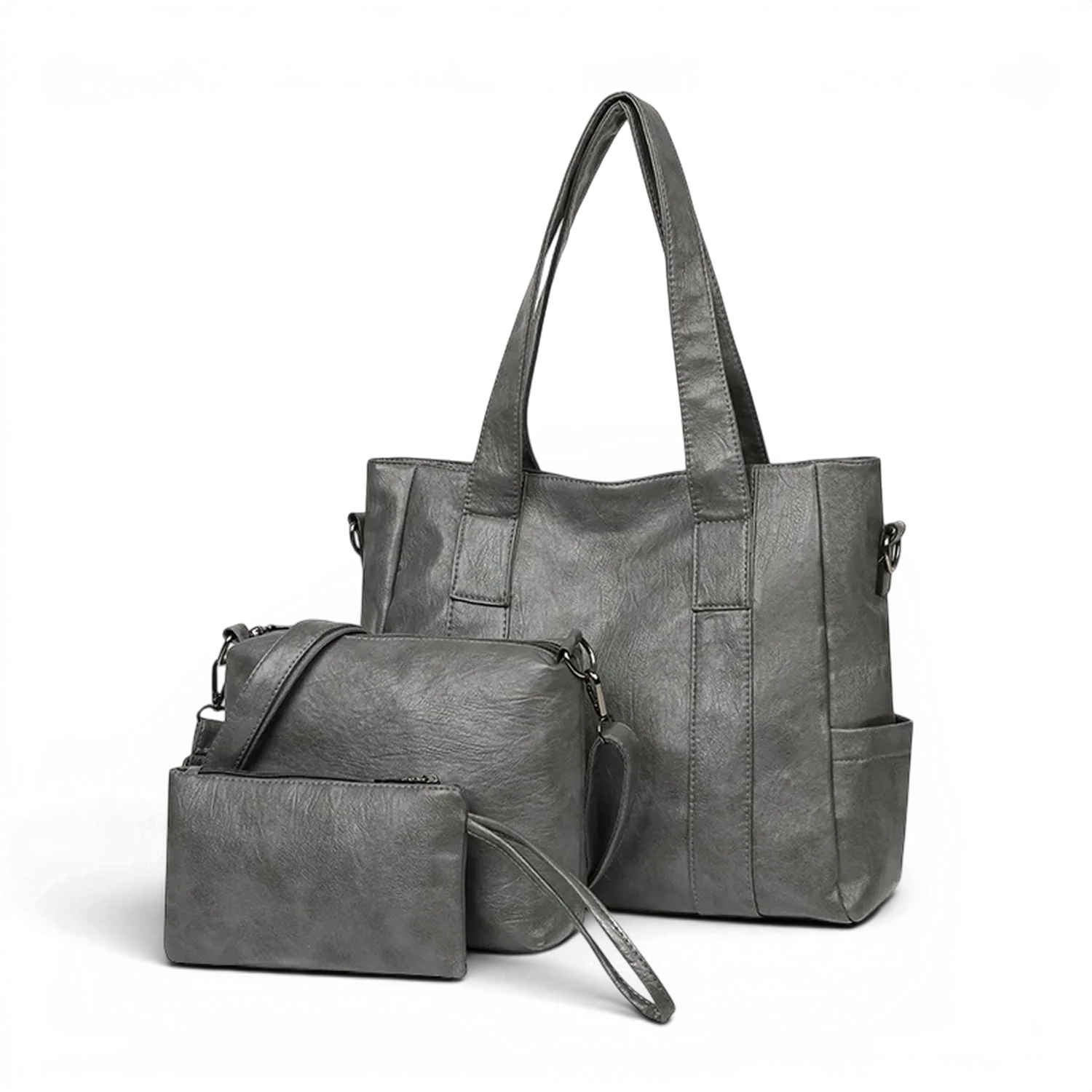 Sac de cours à bandoulière chic 3 ensembles wanderval en similicuir gris avec grand tote, sac bandoulière moyen et petite pochette
