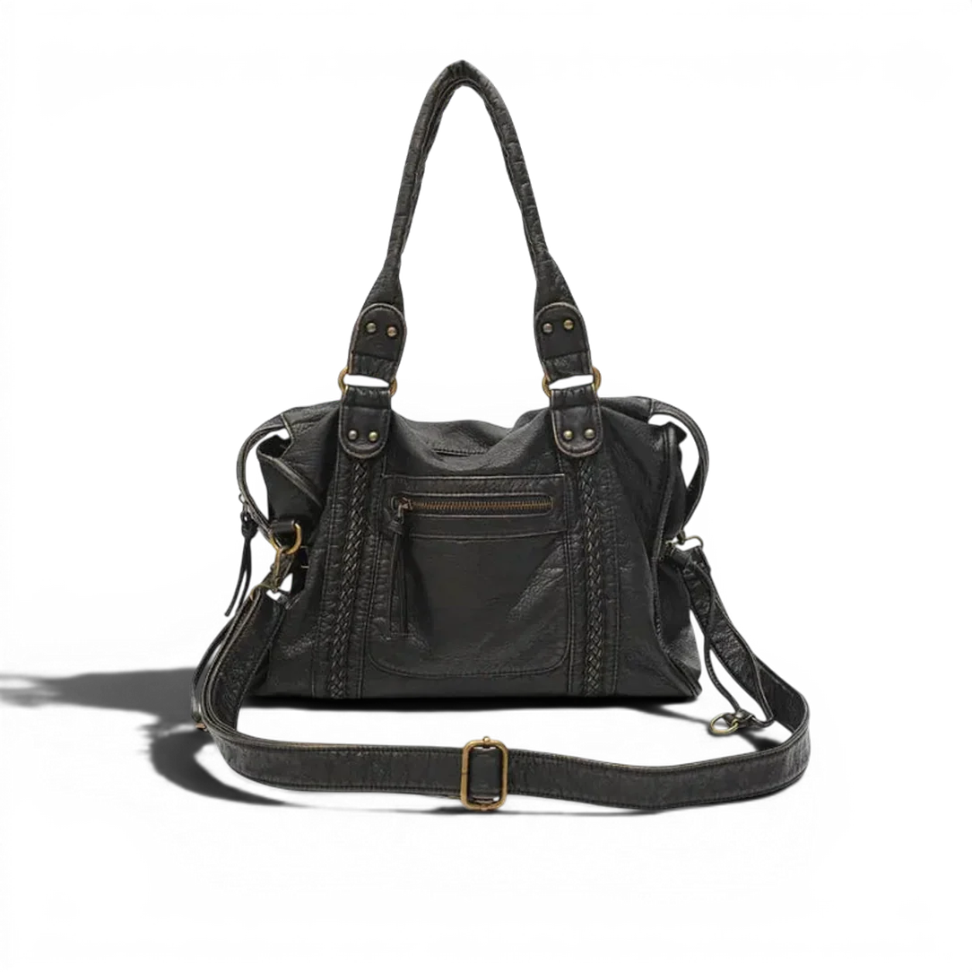 Sac de cours - Klassi sac à main en cuir noir avec détails tressés et hardware doré