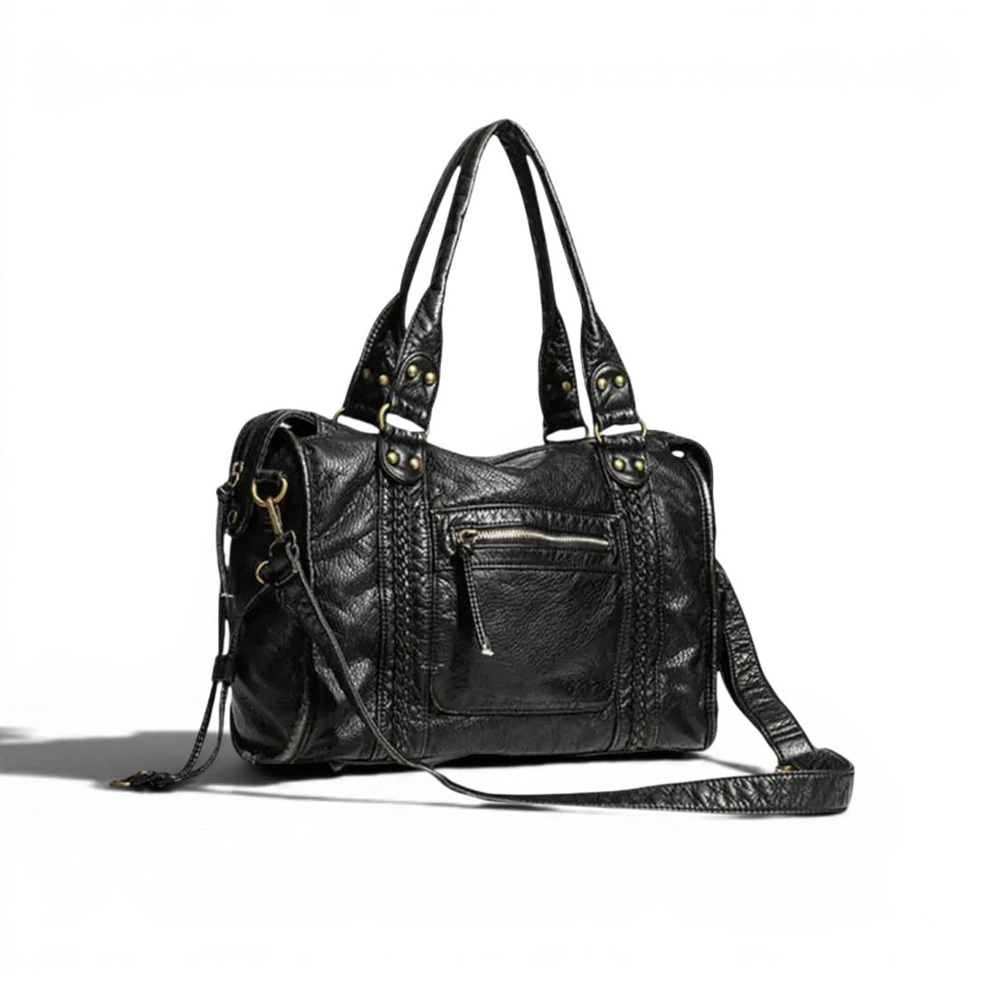 Sac de cours klassi sac à main en cuir noir avec détails tressés et ferrures dorées
