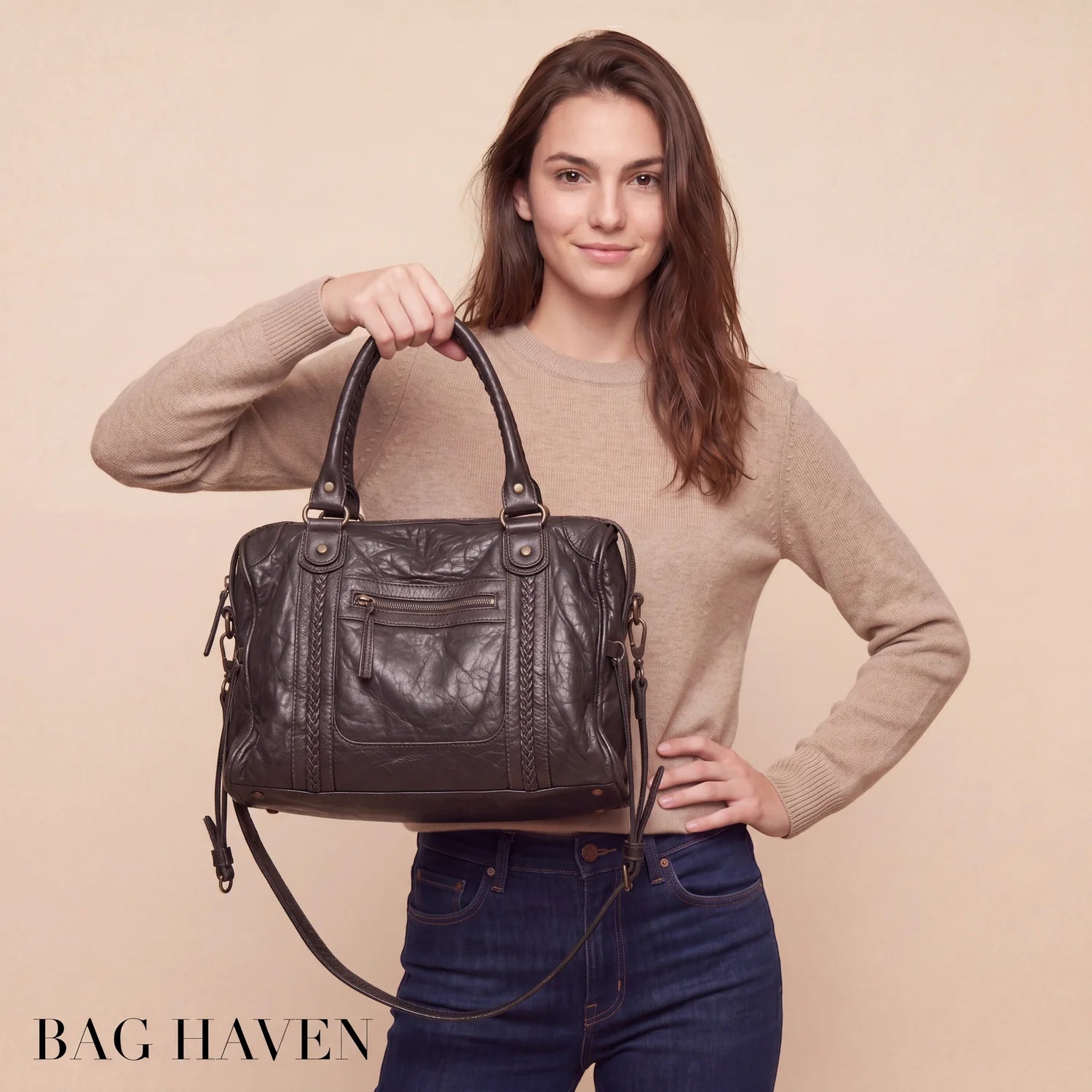 Sac de cours rétro vintage bagara en cuir marron foncé avec détails tressés et finition structurée légèrement usée
