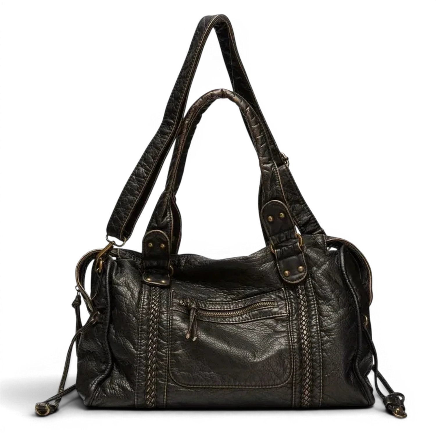 Sac de cours rétro vintage bagara en cuir noir avec détails tressés et bandoulières réglables
