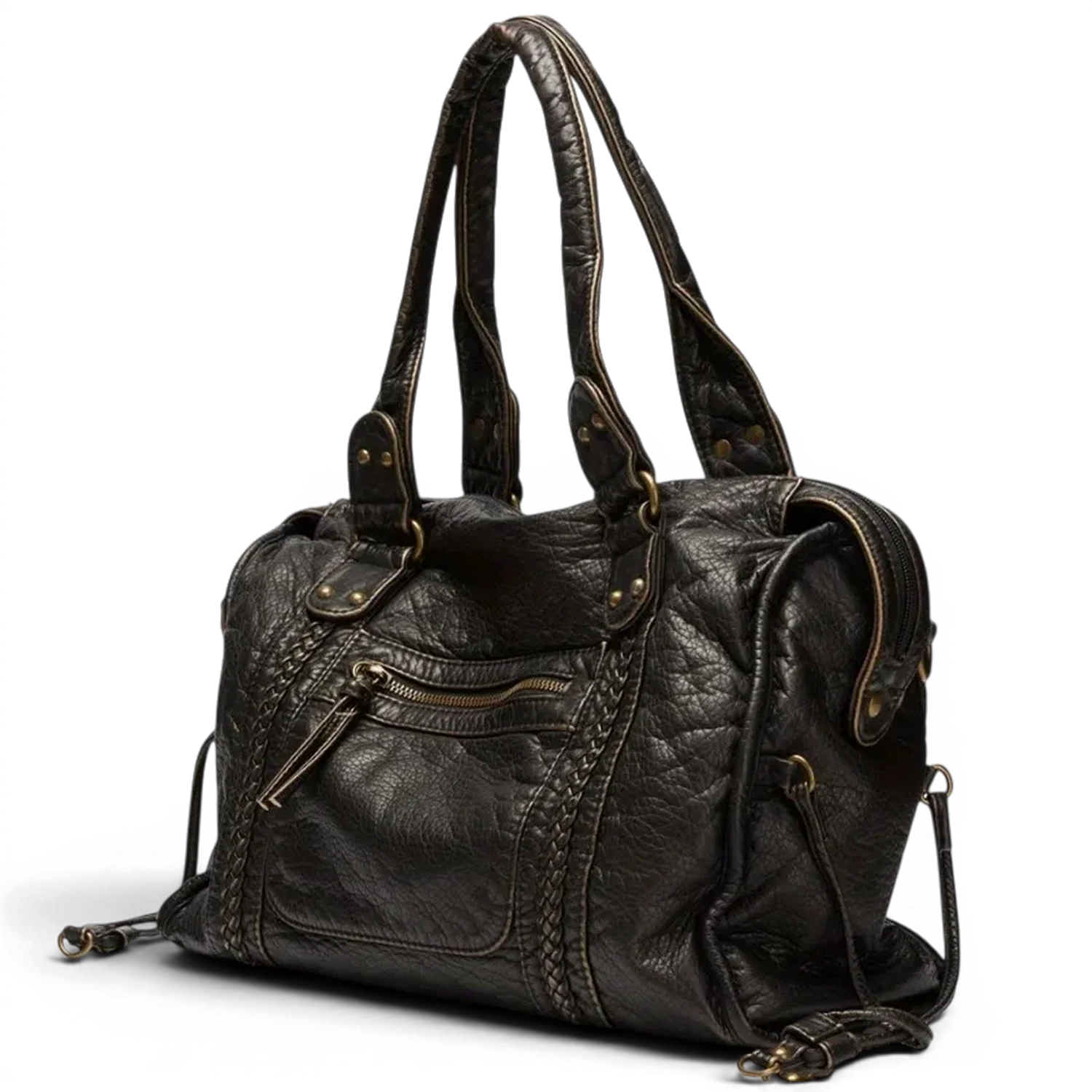 Sac de cours rétro vintage bagara en cuir noir avec détails tressés et ferrures dorées