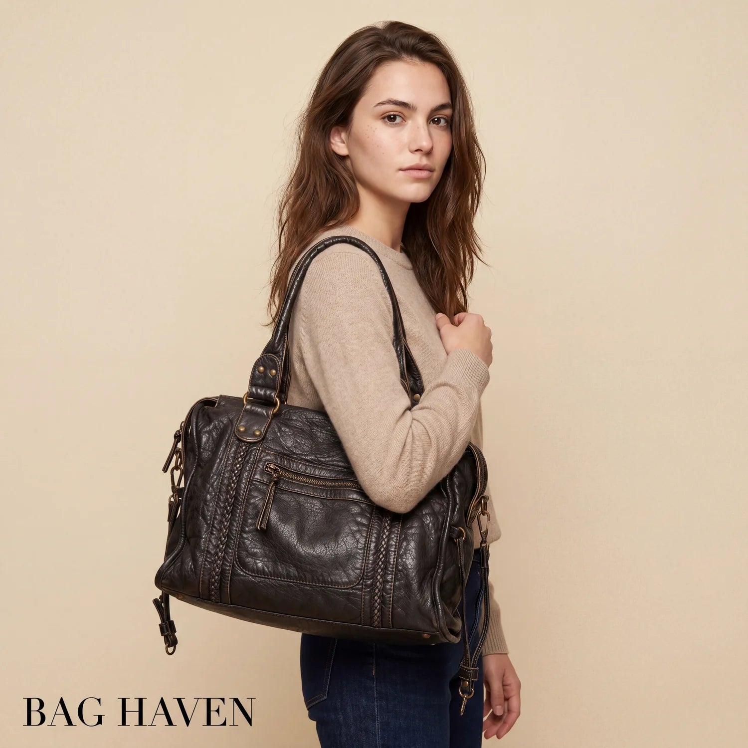 Sac de cours rétro vintage bagara en cuir noir avec détails tressés et ferrures métalliques