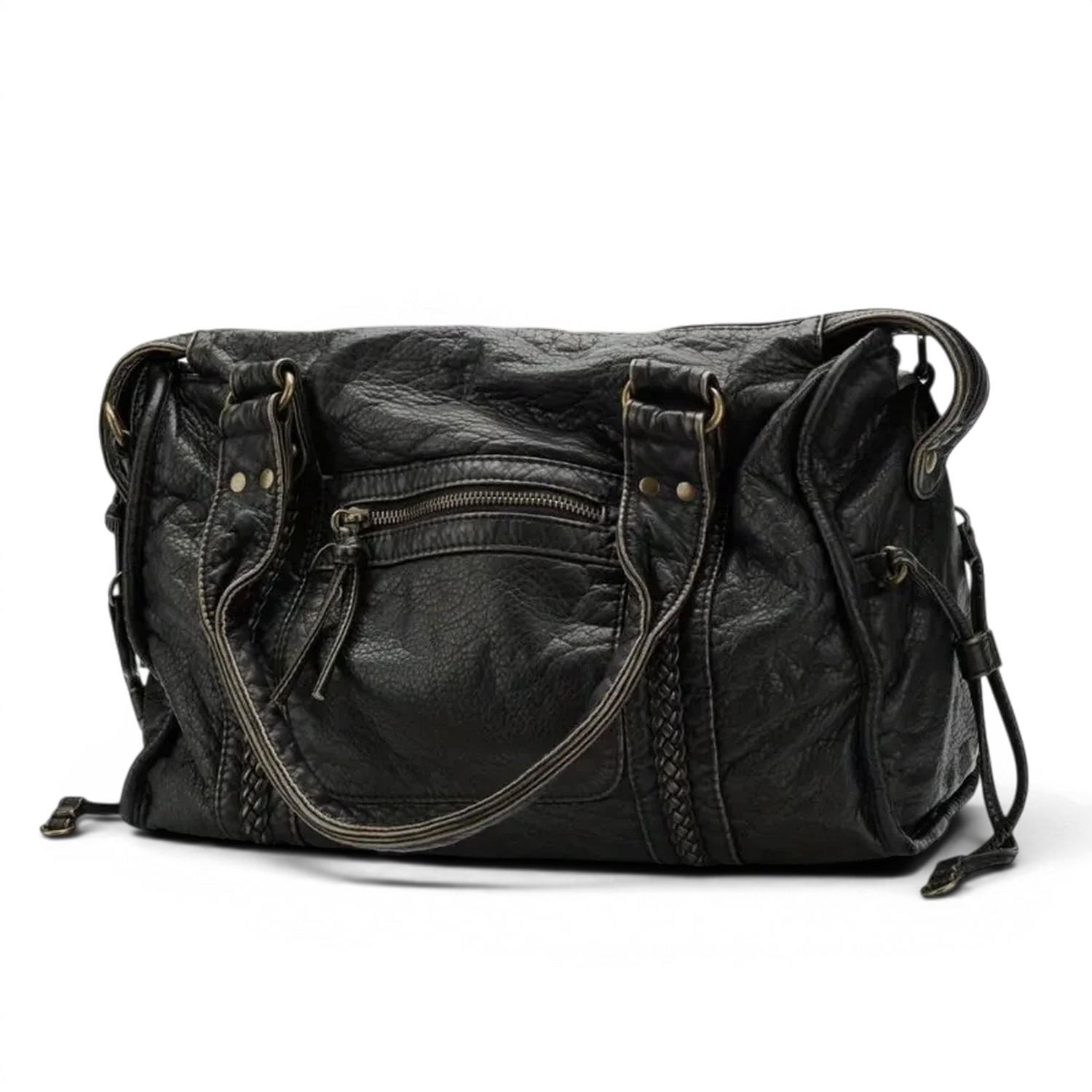 Sac de cours rétro vintage bagara en cuir noir vieilli avec bandoulières tressées et poche avant zippée