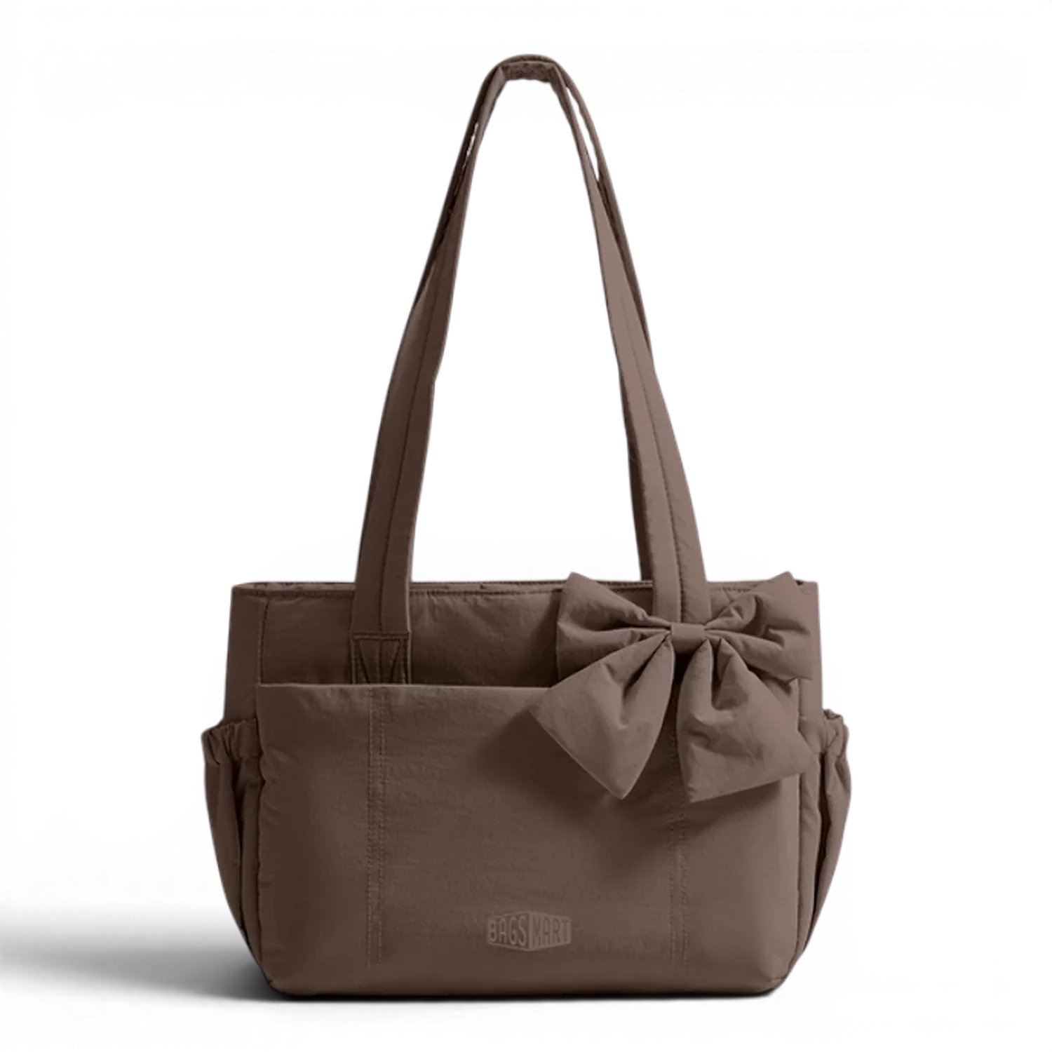 Beige sac de cours souple en tissu avec un grand noeud sur le devant et bandoulière pratique flora