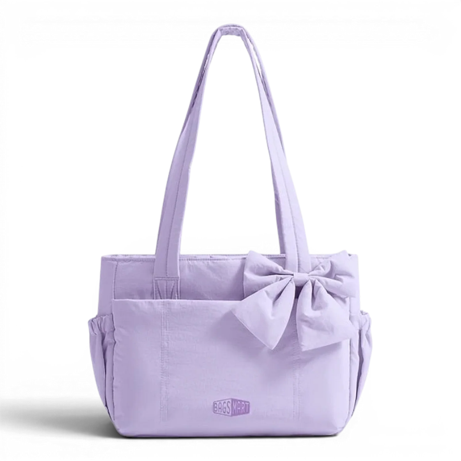 Lavender sac de cours souple en tissu avec un grand noeud devant et des poignées robustes flora