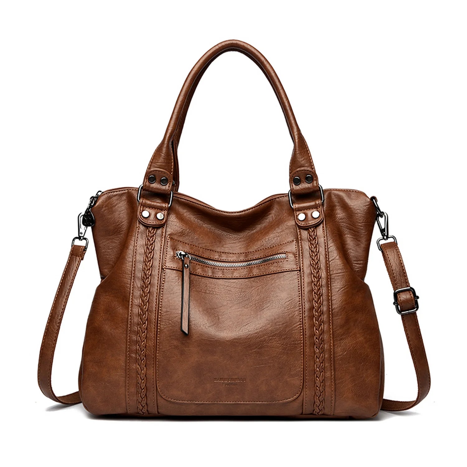 Sac de cours athéna en cuir marron avec panneaux tressés sur les côtés et poche avant zippée élégant et structuré
