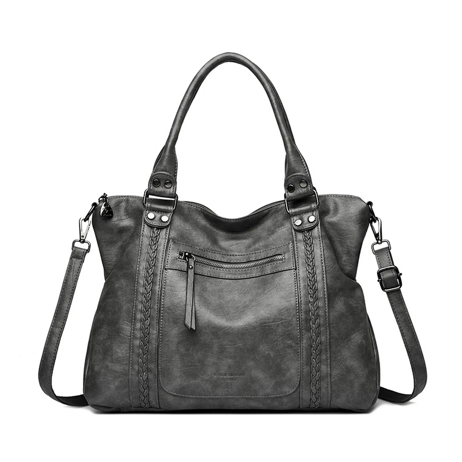 Sac de cours athéna en cuir gris foncé vieilli avec panneaux tressés sur les côtés et ferrures argentées