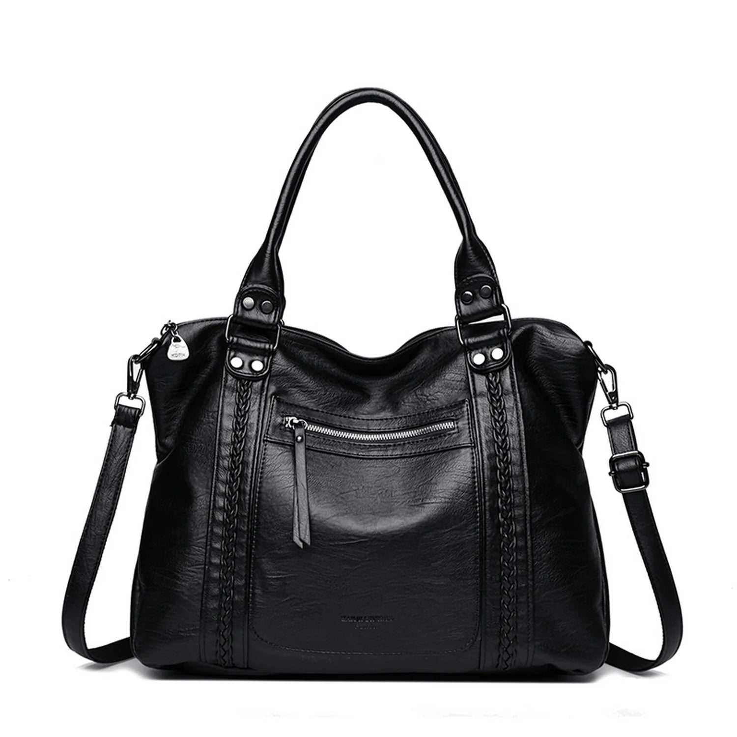 Sac de cours athéna en cuir noir avec détails tressés et fermetures argentées élégant et structuré