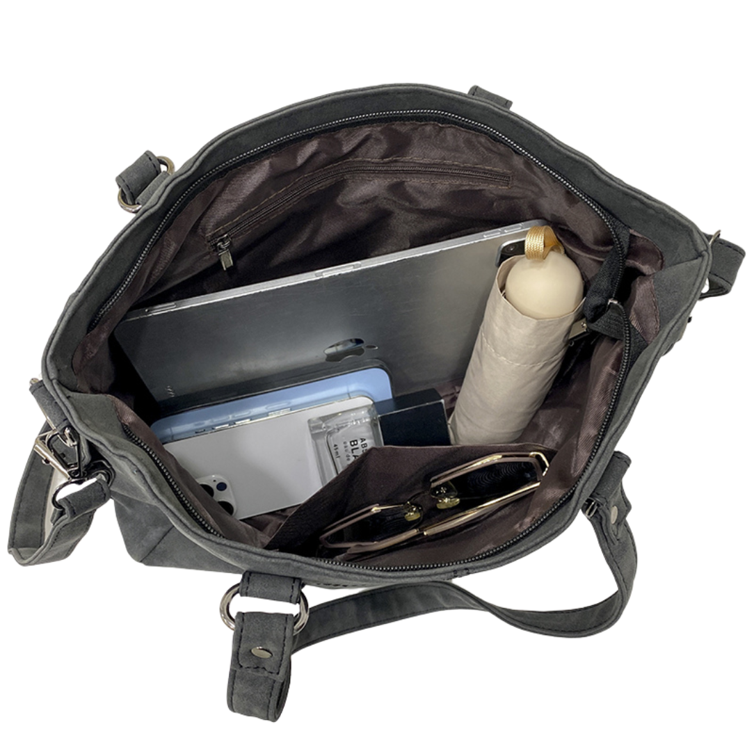 Sac de cours vintage Mirado ouvert avec contenu, style rétro et pratique
