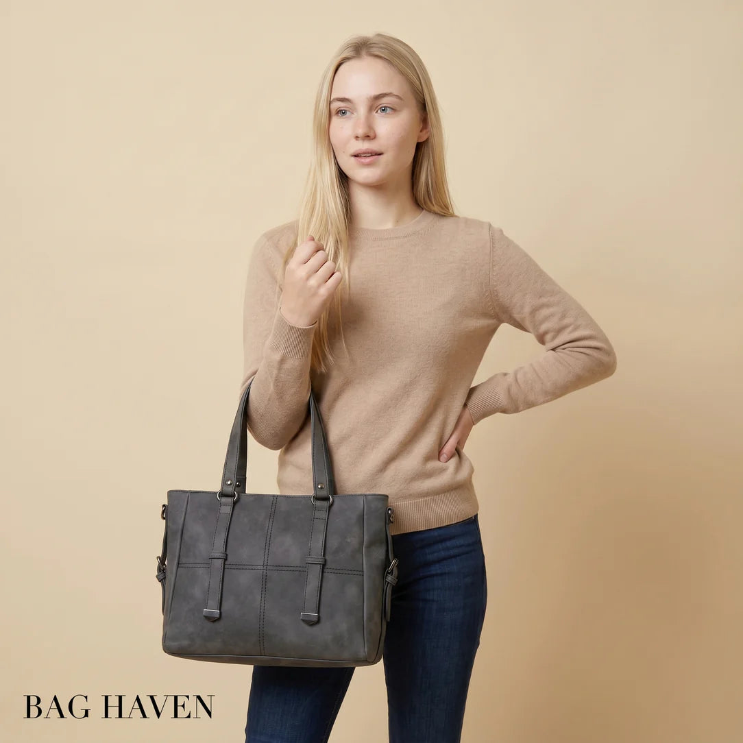 Sac de cours vintage mirado en cuir texturé gris foncé avec design structuré et doubles poignées supérieures