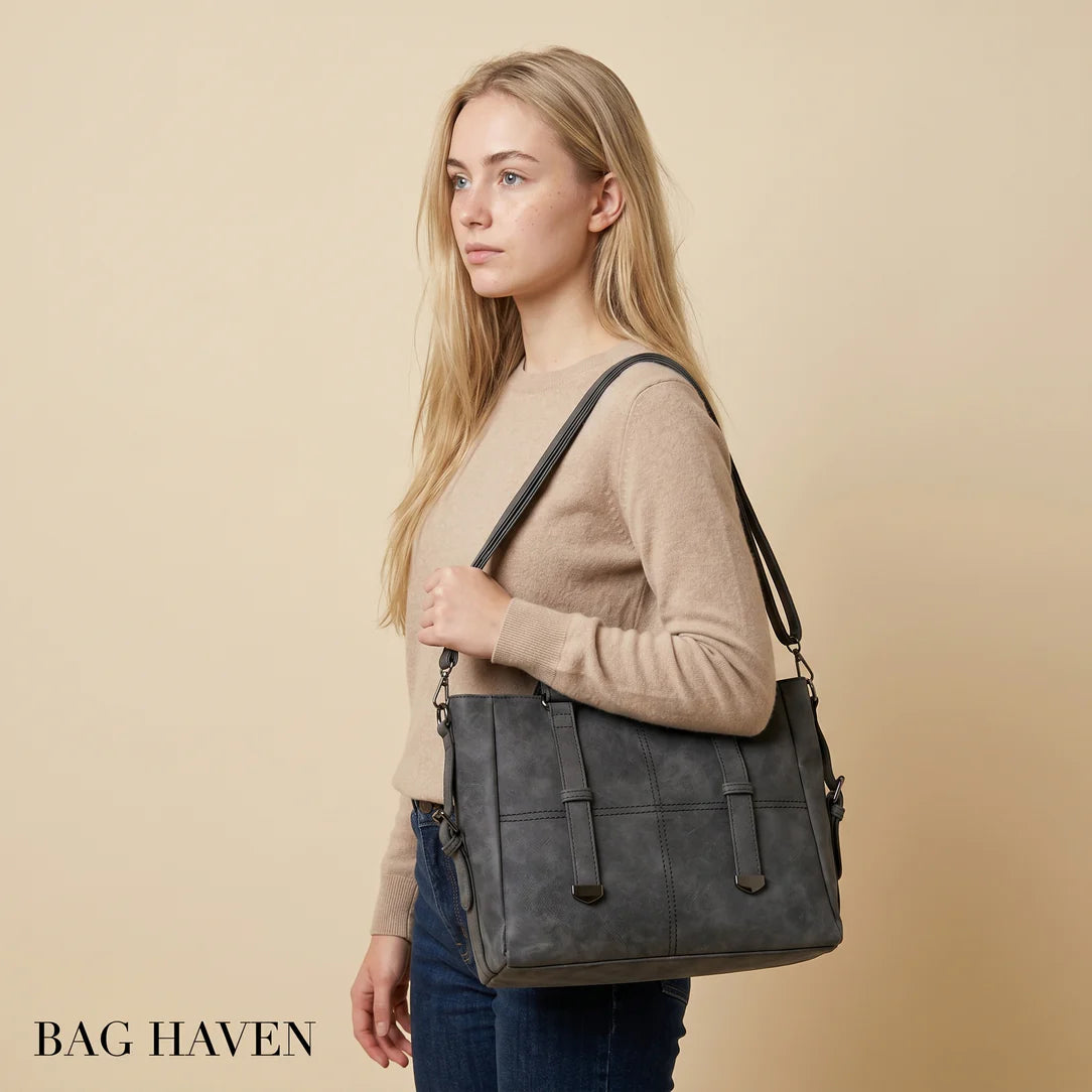 Sac de cours vintage mirado en cuir texturé gris foncé avec bretelles noires et fermeture à rabat avant
