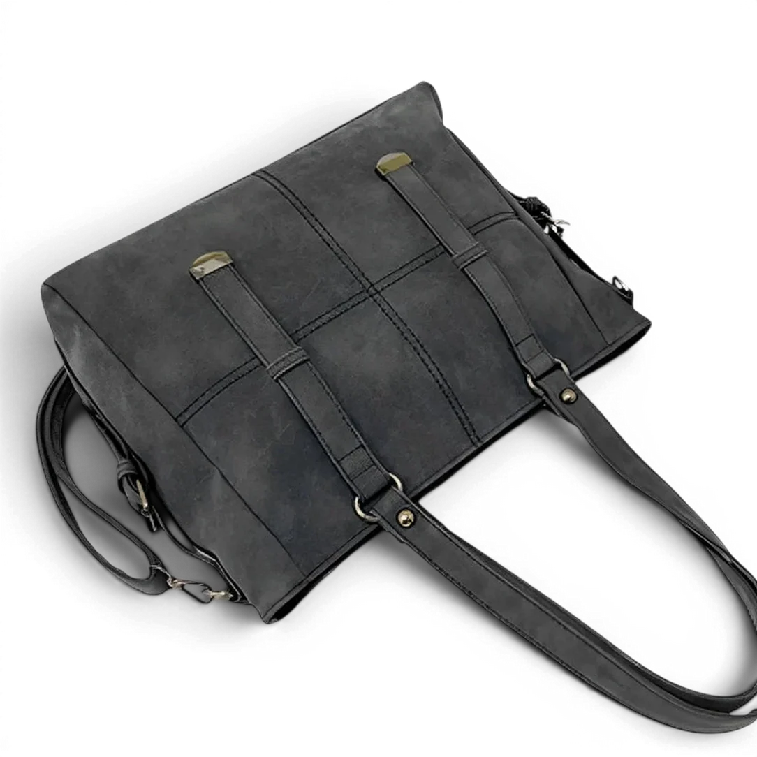 Dark gray suede tote bag with black leather straps and gold-tone hardware from cours vintage mirado collection