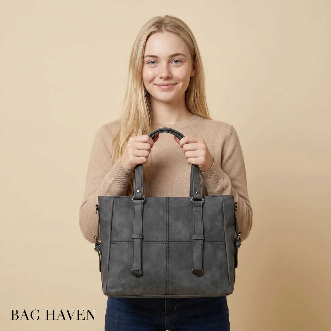 Sac de cours vintage mirado gris texturé avec design structuré et anses en cuir noir