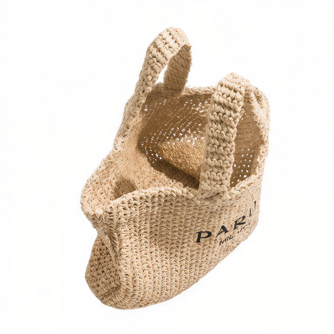 Sac de plage chic Milano en beige tissé avec anses courtes parfait pour la plage