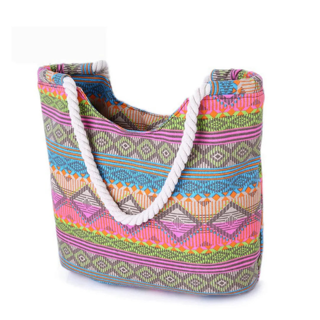 Sac de plage coloré aux motifs vifs avec poignées en corde pour un style estival