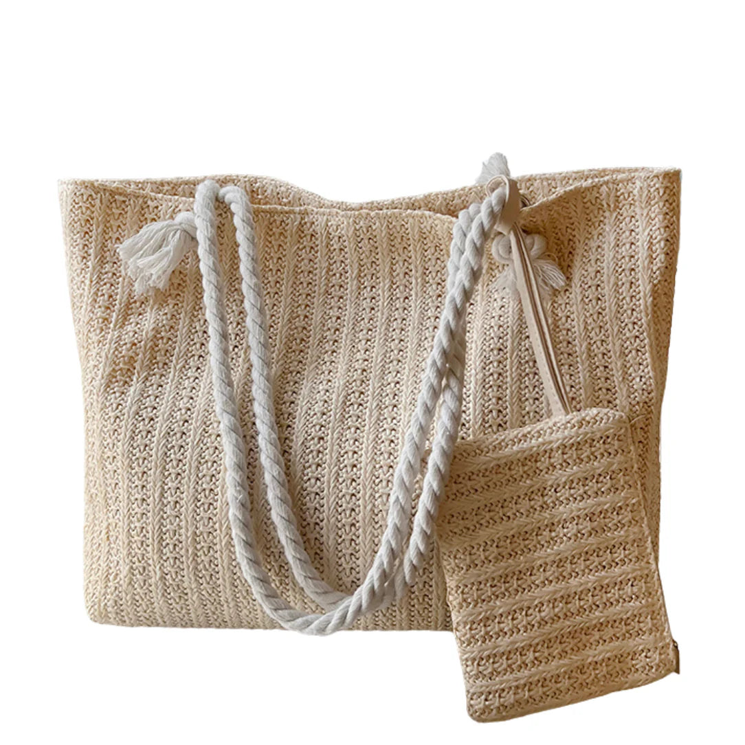 Sac de plage élégant Calypso avec pochette assortie, tote en tressage et poignées corde