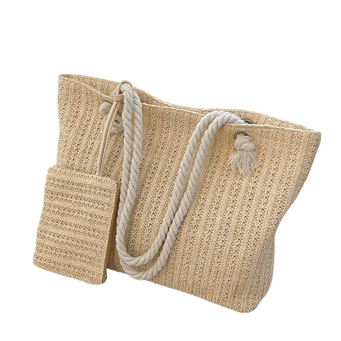 Sac de plage élégant Calypso avec pochette assortie et panier en paille tressée