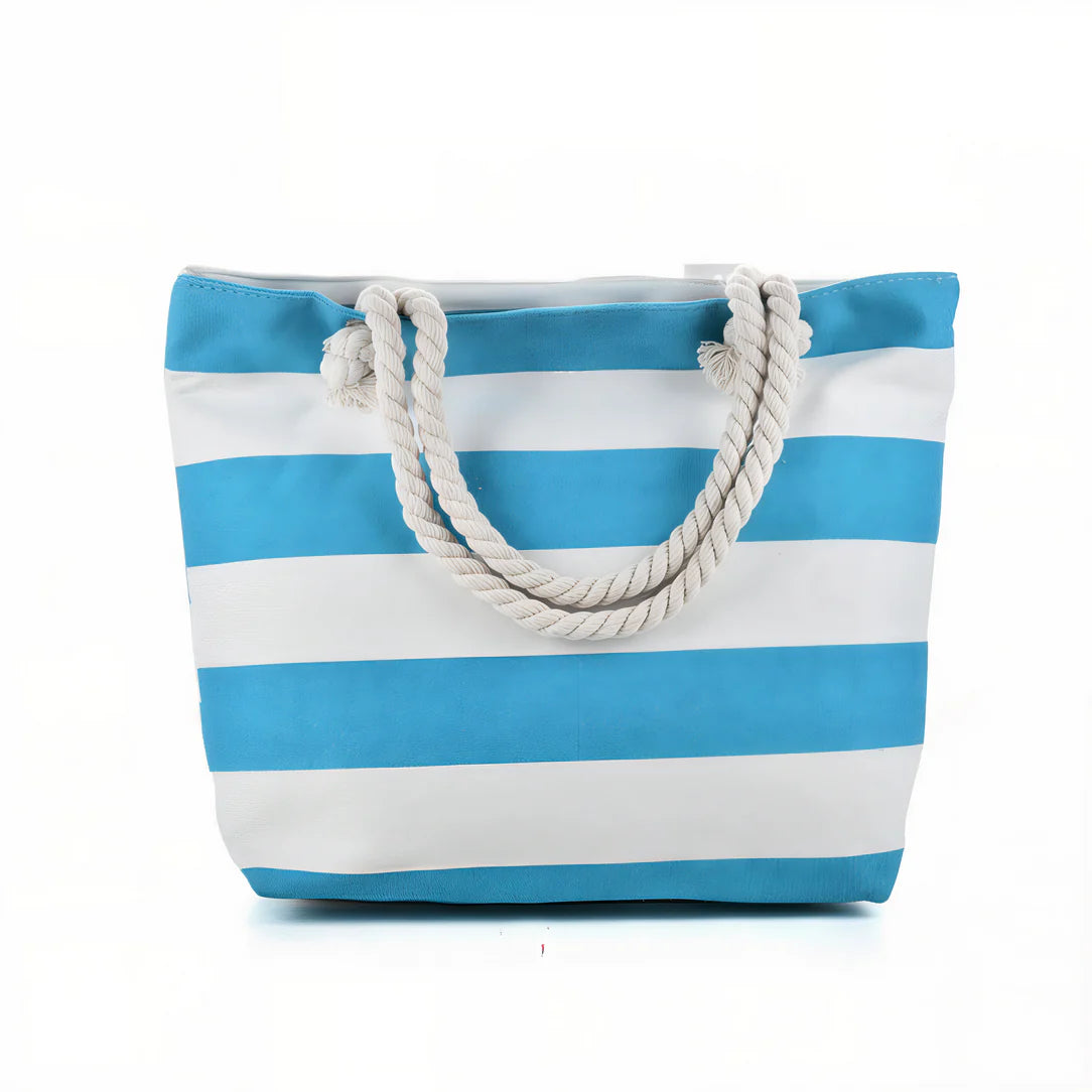Sac de plage en toile bleu et blanc avec poignées en corde, Marinca