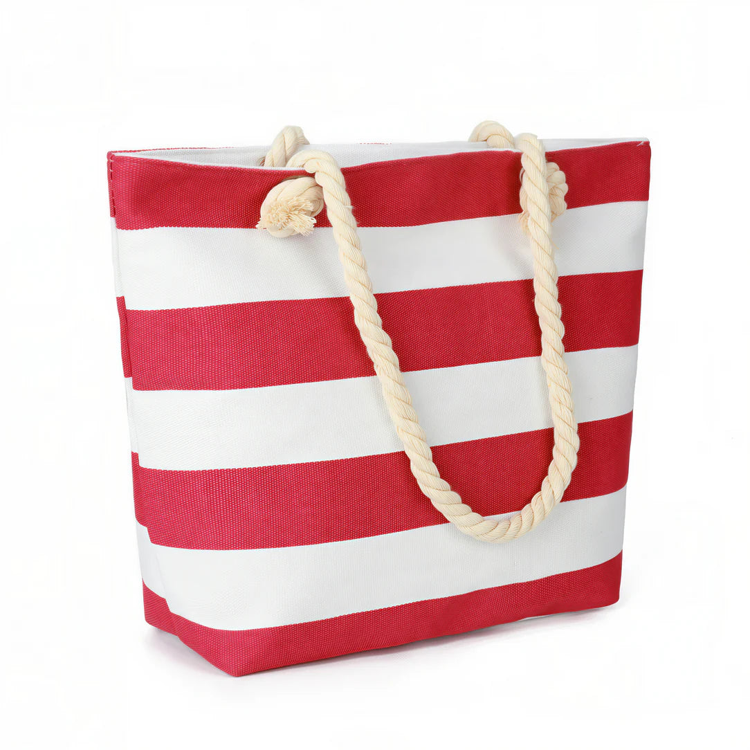 Sac de plage en toile Marinca, sac rayé rouge et blanc avec anses en corde
