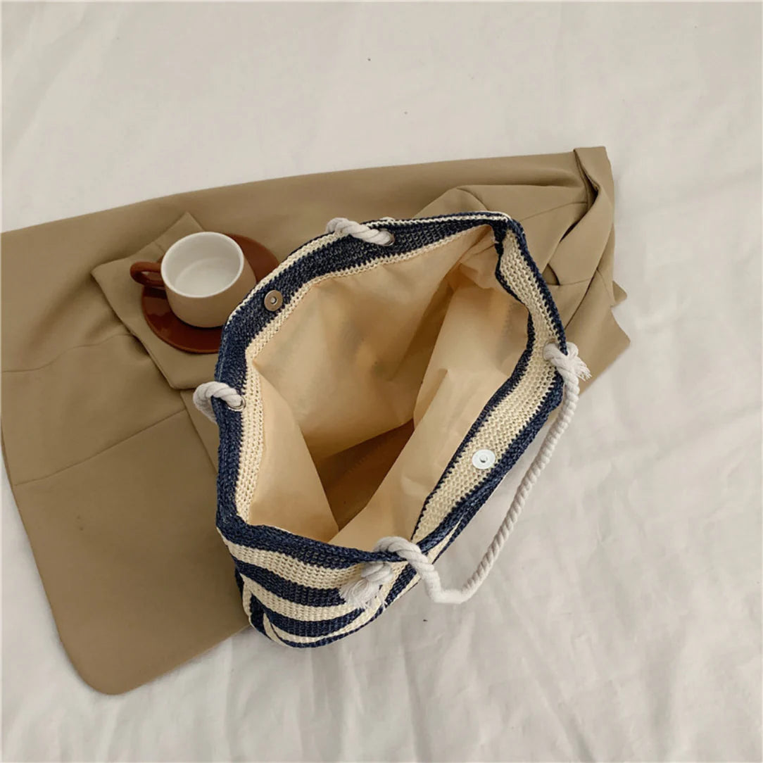 Sac de plage fourre tout Trégana avec motif à rayures en tissu tissé durable