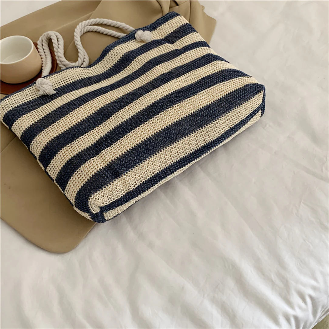 Sac de plage fourre tout Trégana avec sac tissé rayé et anses en corde