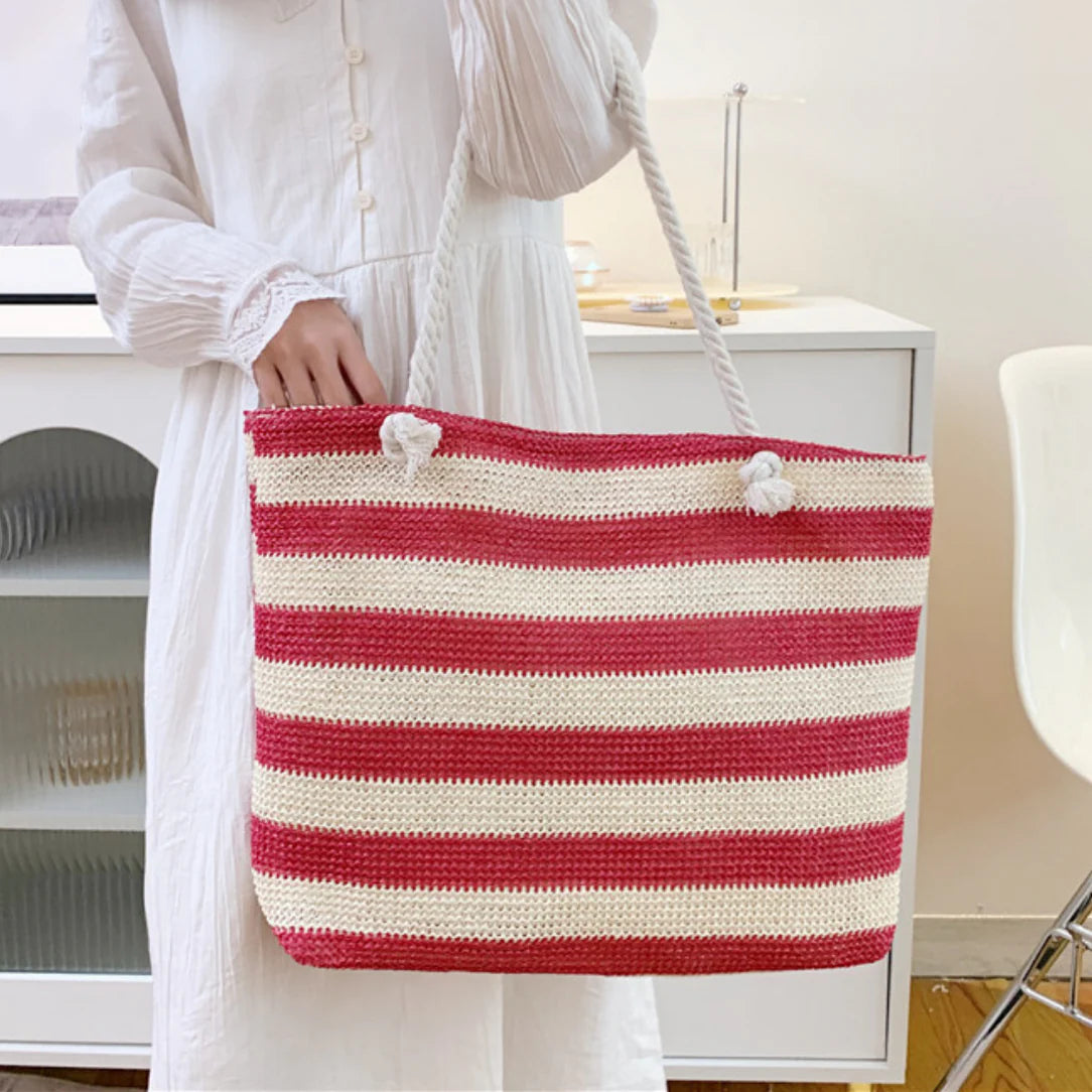 Sac de plage fourre tout Trégana avec bandoulière en tissu rayé et tissage naturel