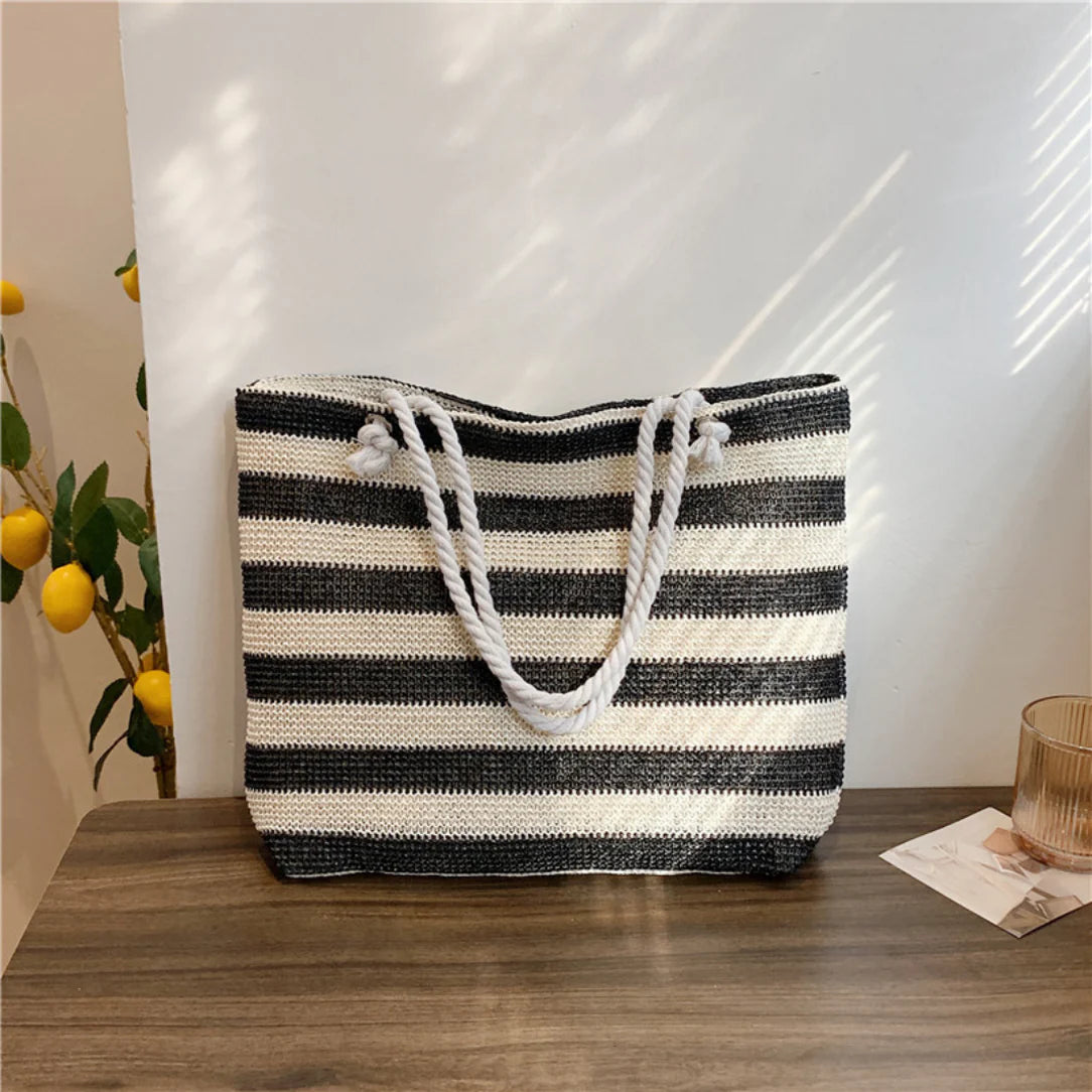Sac de plage fourre tout Trégana avec rayures tissées et poignées en corde