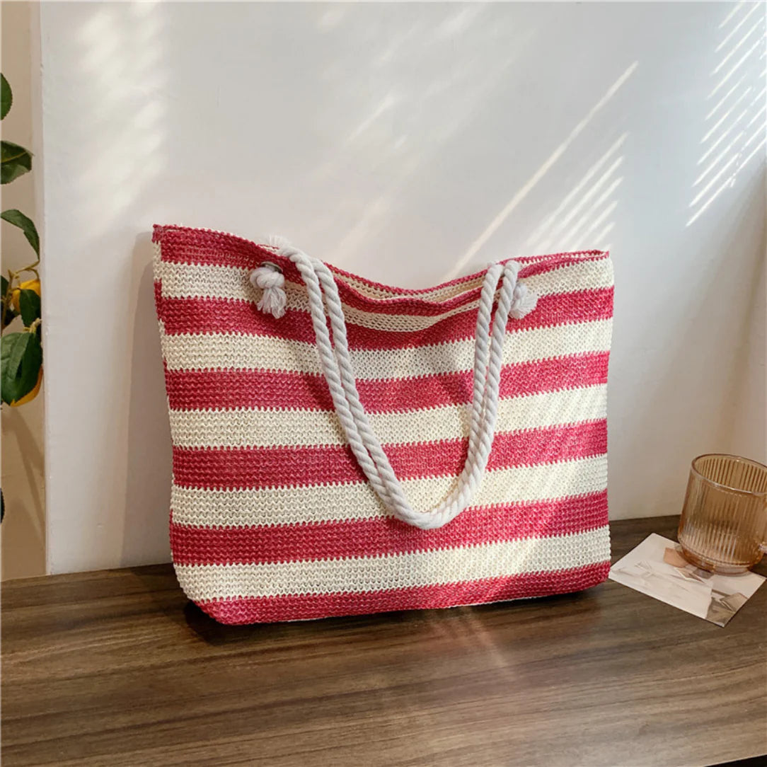 Sac de plage fourre tout Trégana avec sac tissé rayé et poignées en corde