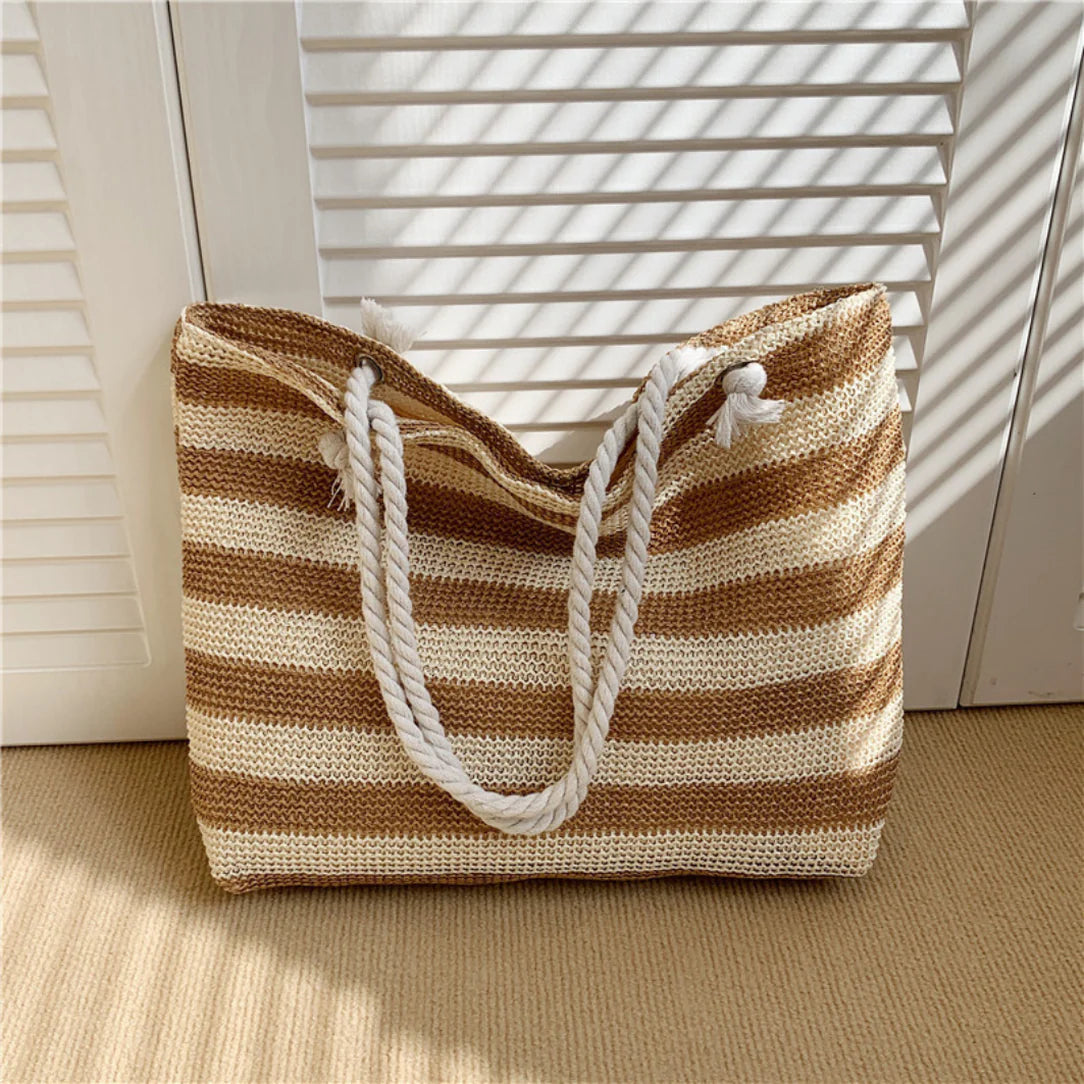 Sac de plage fourre tout Trégana avec bandoulière en corde et motifs rayés