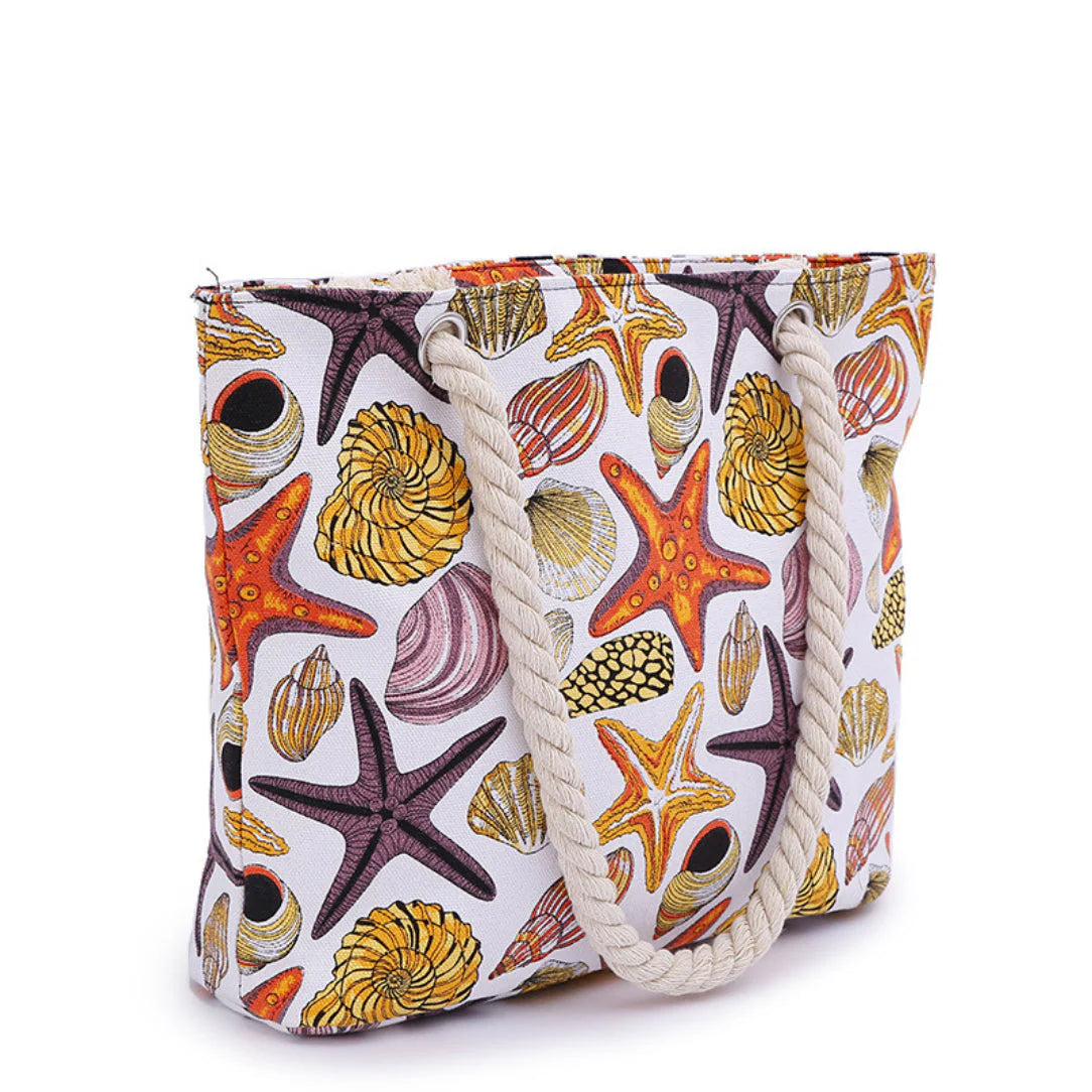 Sac de plage motif coquillage avec poignées en corde, style Hawaï