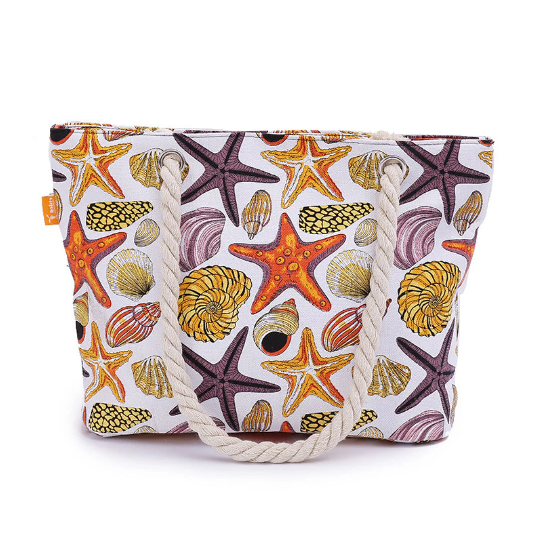 Sac de plage motif coquillage avec étoile de mer et anses en corde Hawaï