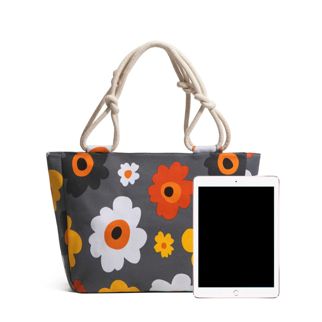 Sac de plage motif fleurs avec poignées en corde, parfait pour l’été
