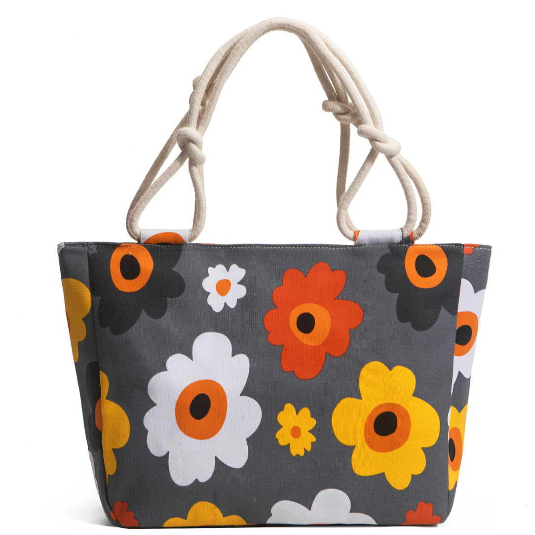 Sac de plage motif fleurs avec sac floral gris et poignées en corde