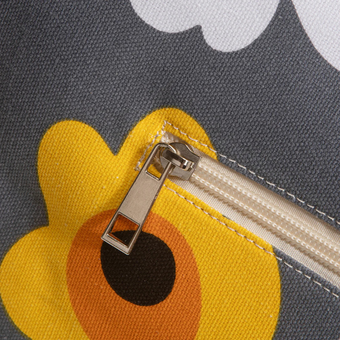 Sac de plage motif fleurs gris avec fermeture éclair, idéal pour l’été