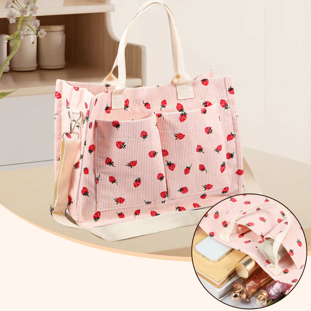 Sac de plage motif fraise rose, tote bag plage motif fraise Baya