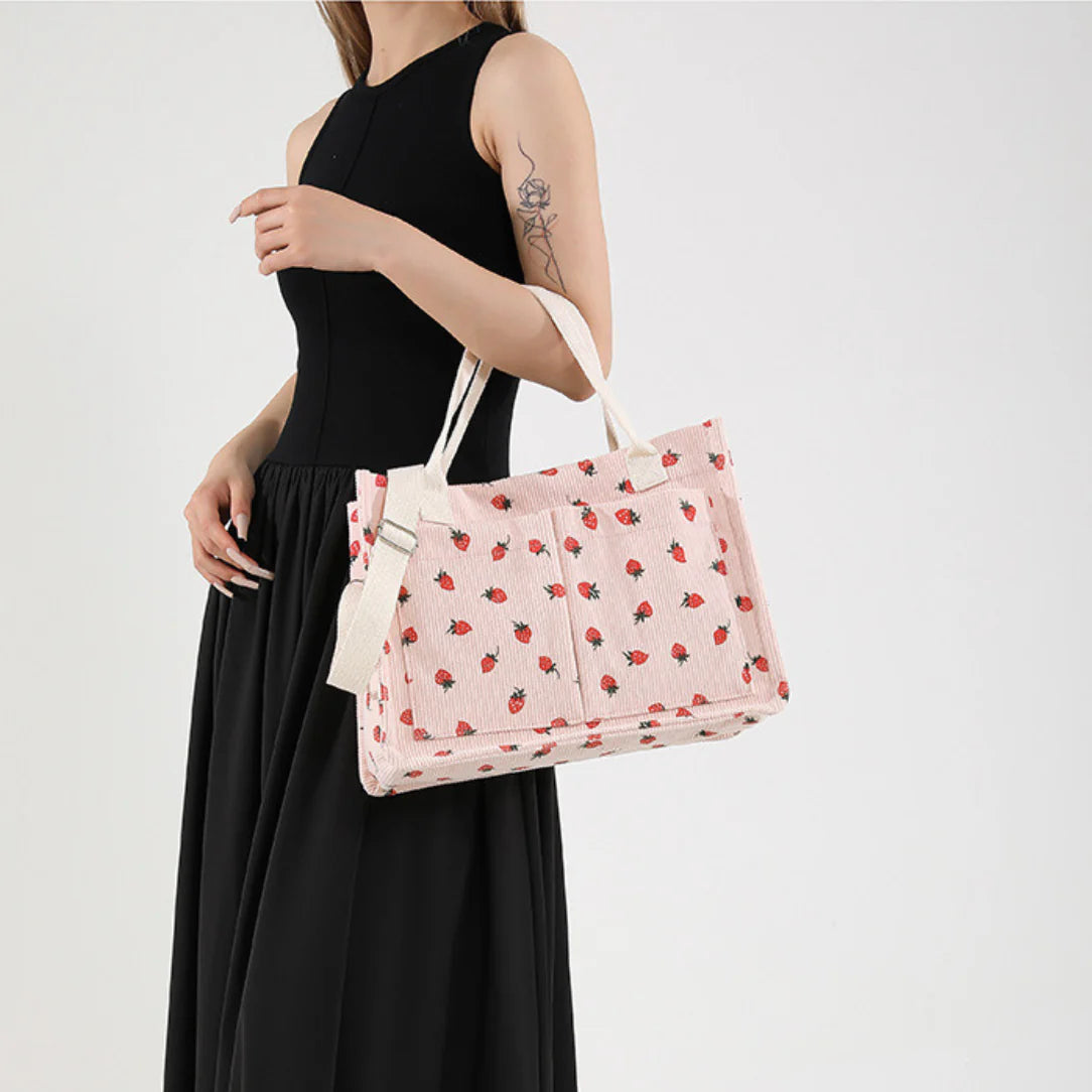 Sac de plage motif fraise avec motifs plage, tote strawberry pattern avec lanières blanches