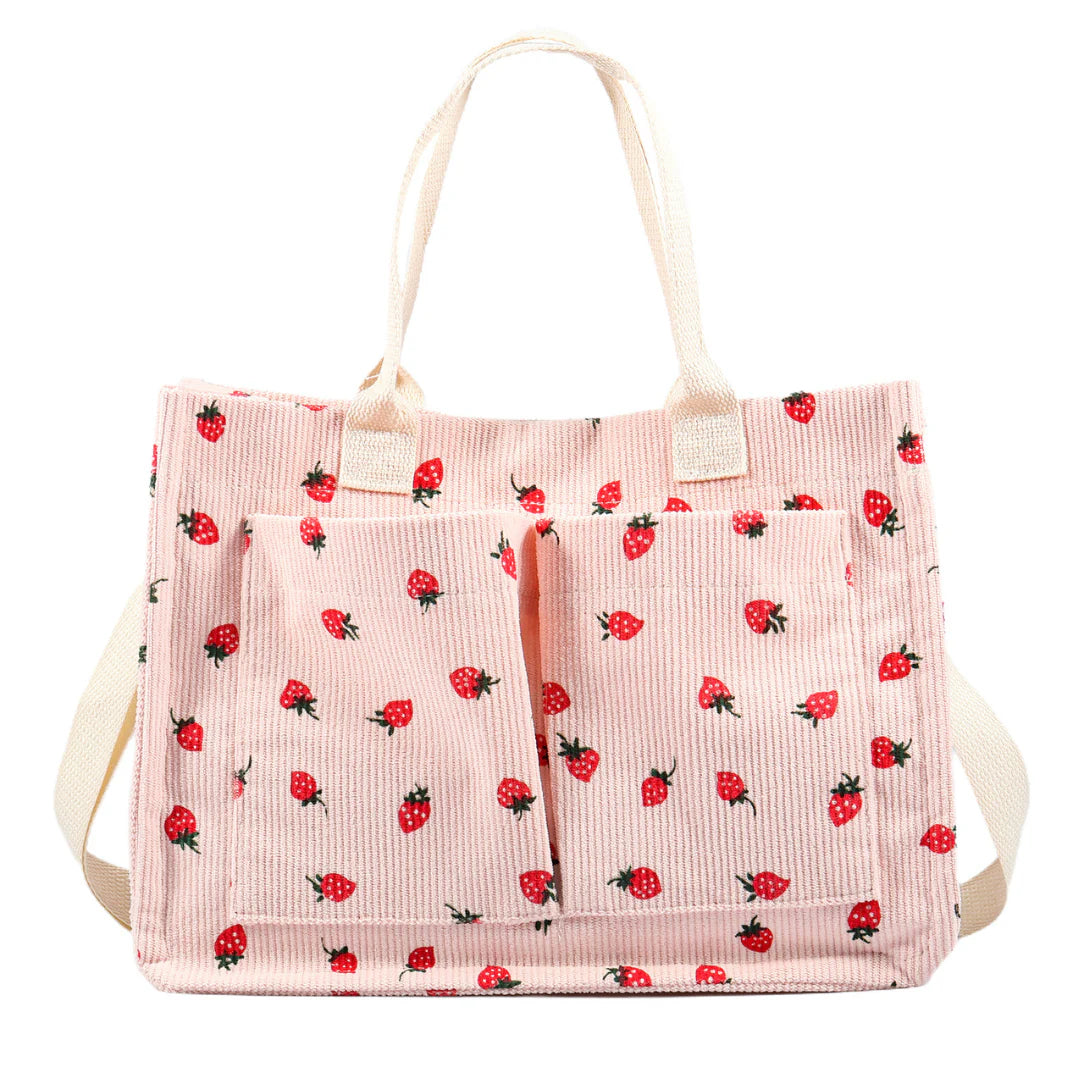 Sac de plage motif fraise en corduroy rose avec motif fraise pour l’été
