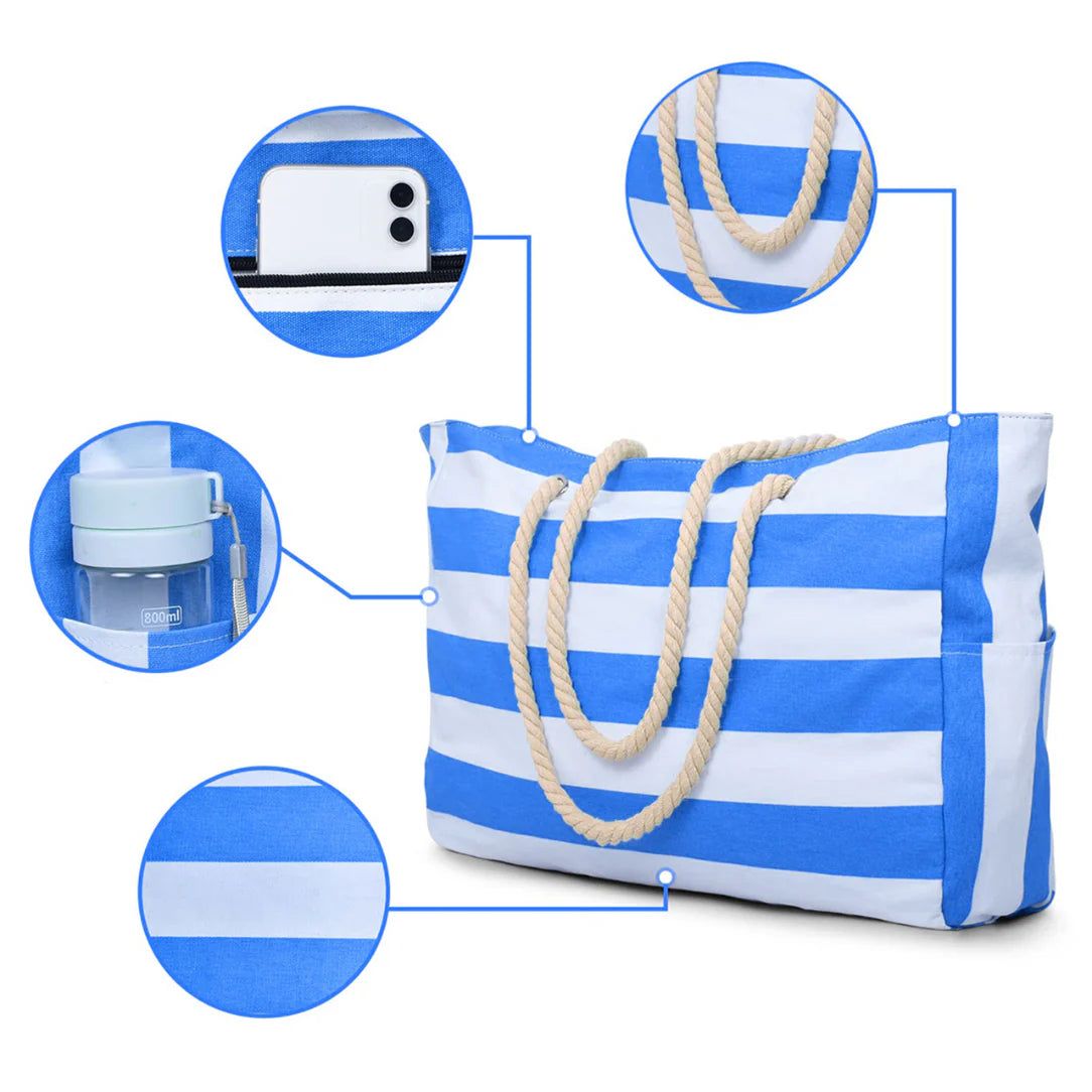 Sac de plage xxl MaxiBelle avec bandes bleues et blanches et poignées en corde