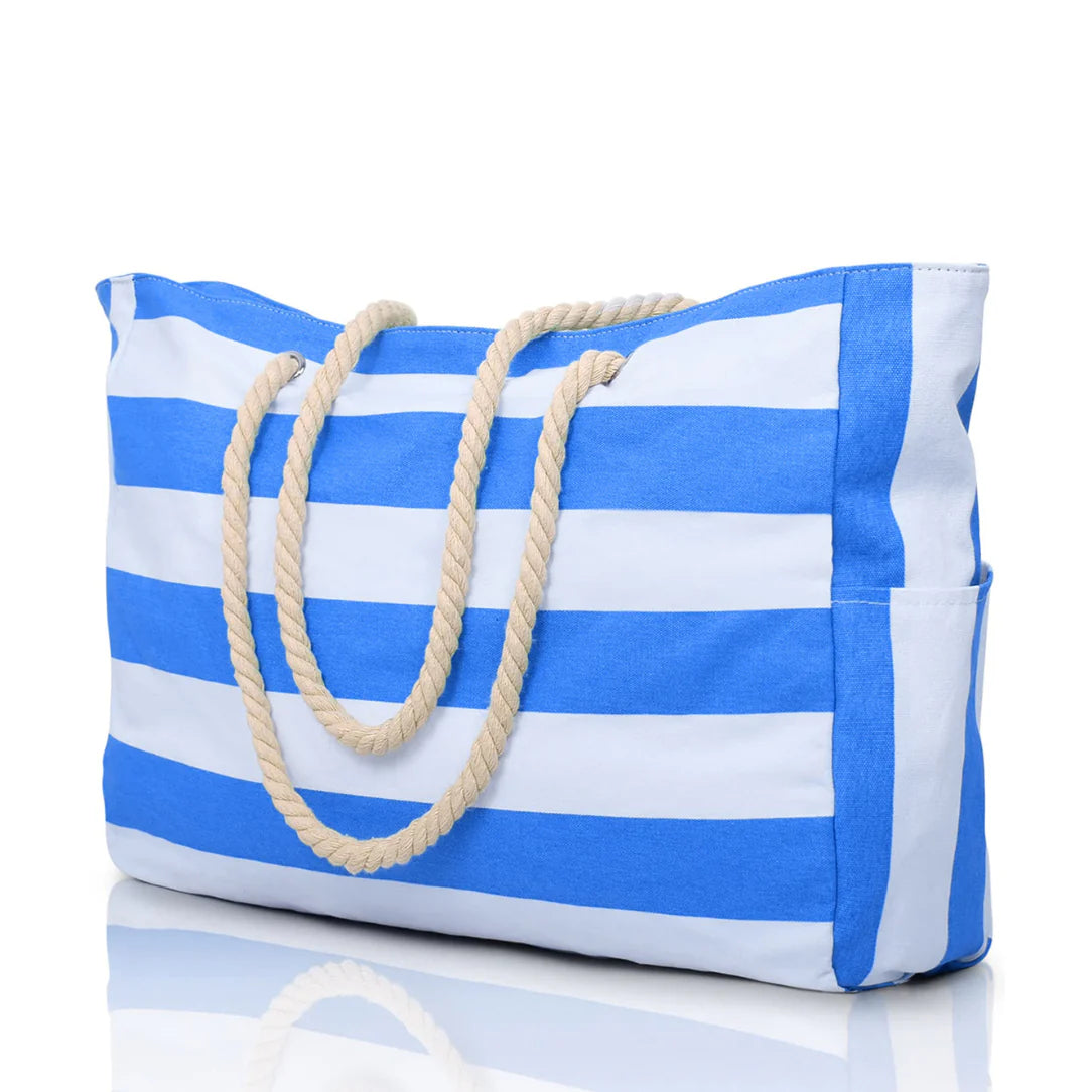 Sac de plage xxl MaxiBelle avec rayures bleues et blanches et poignées en corde