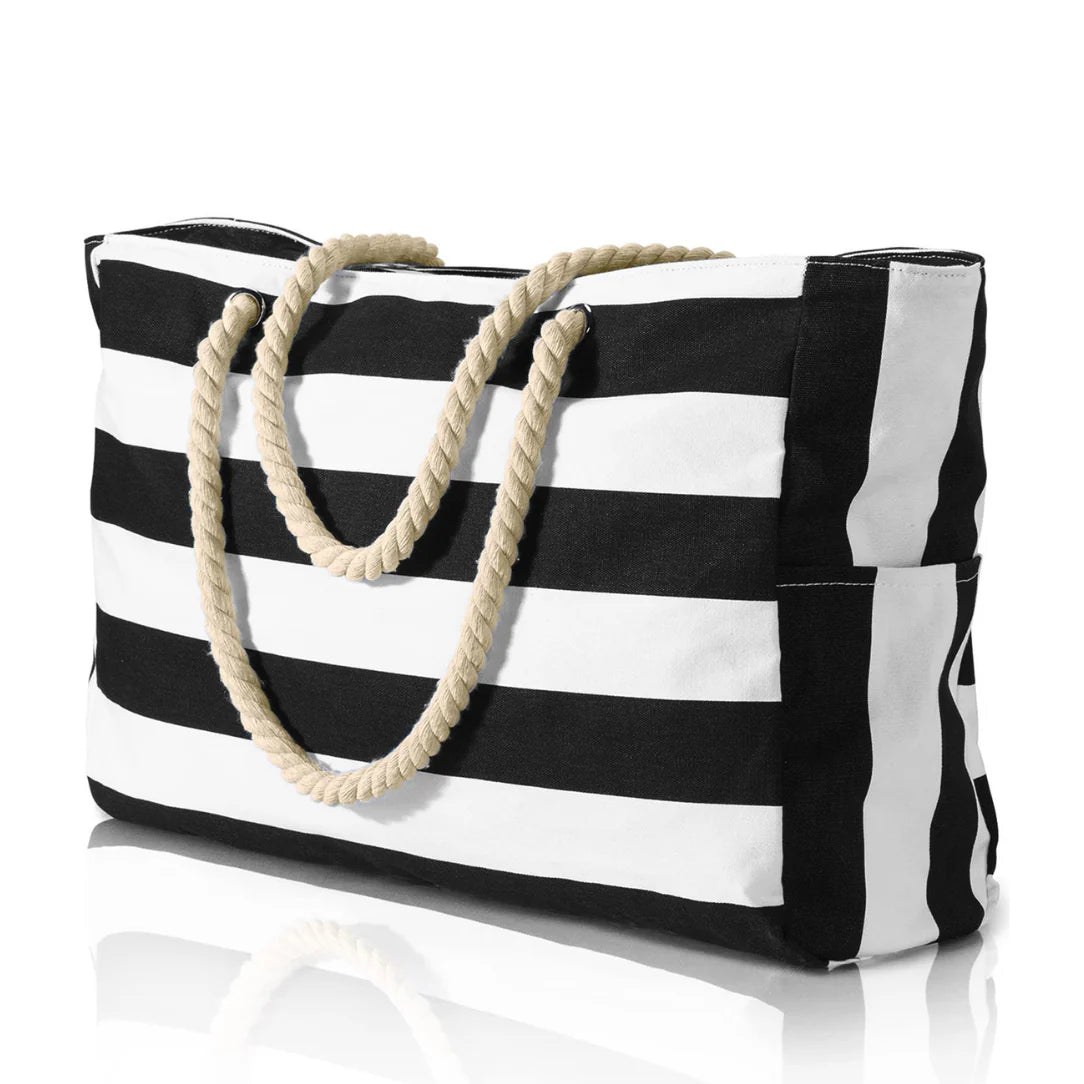 Sac de plage xxl MaxiBelle with black and white striped tote bag and rope handles